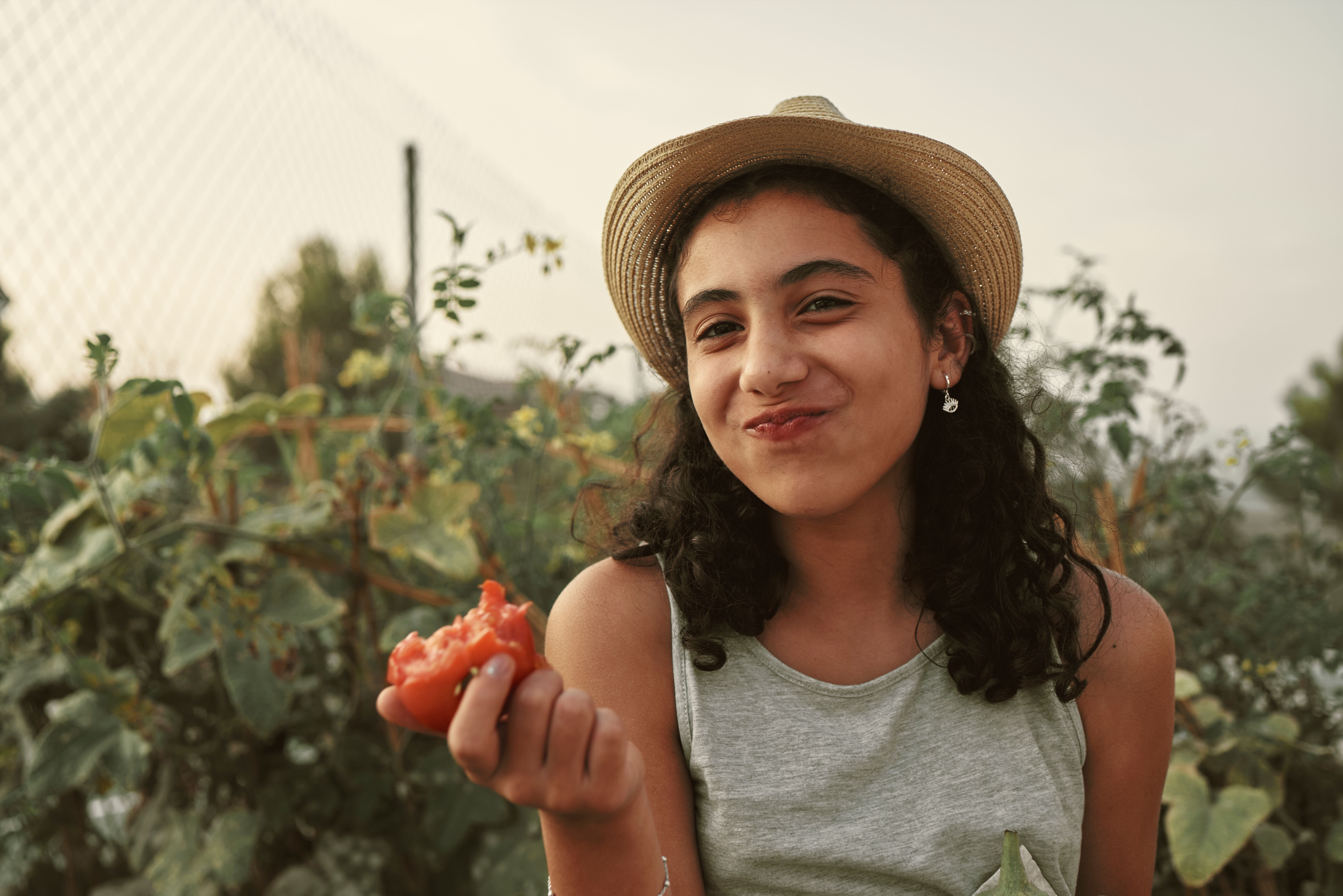 Mädchen mit Strohhut isst lachend eine Tomate im Gemüsegarten.