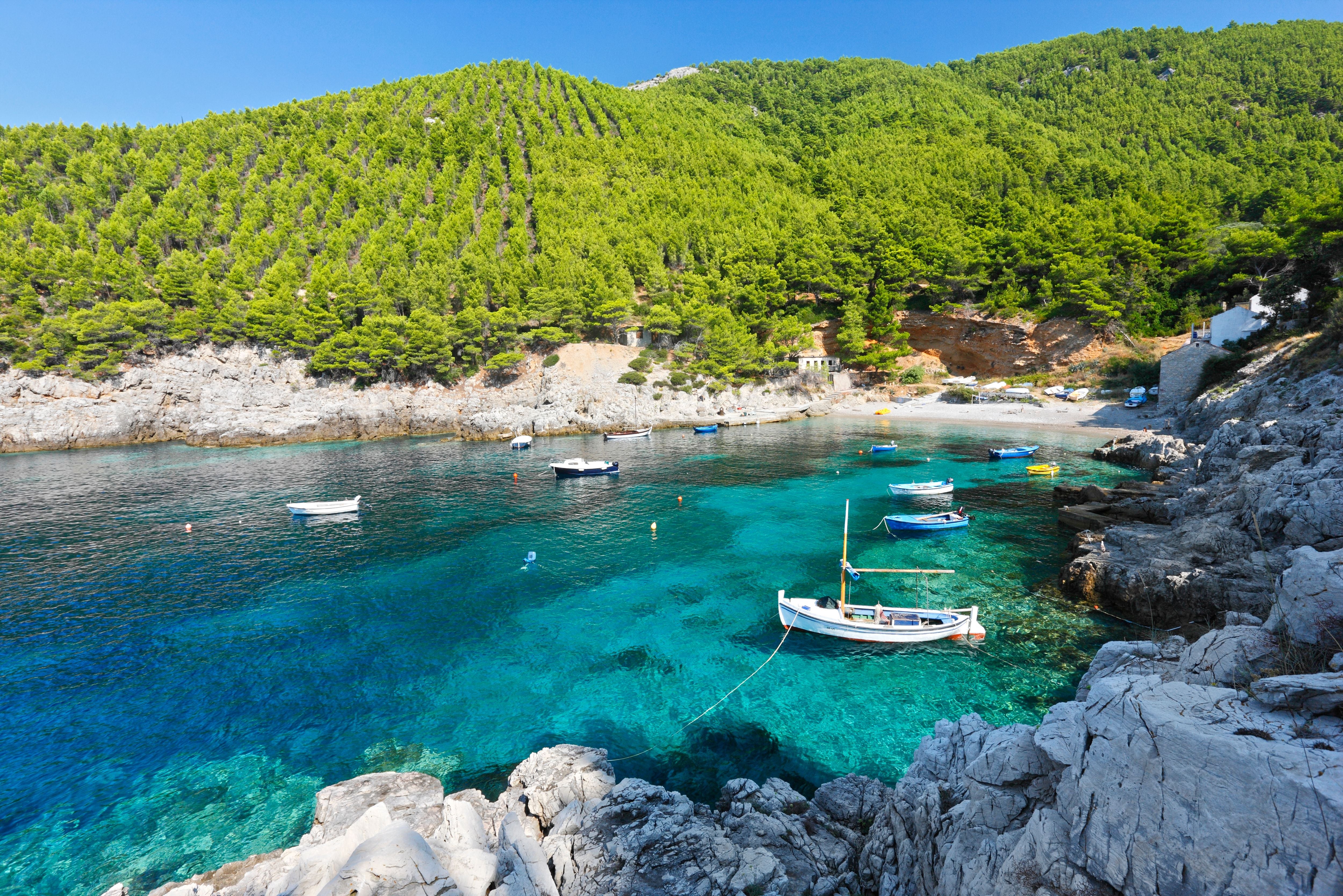 Kleine Boote schwimmen in einer klaren Bucht vor bewaldeten Hügeln und Felsen auf Mljet, Dalmatien.