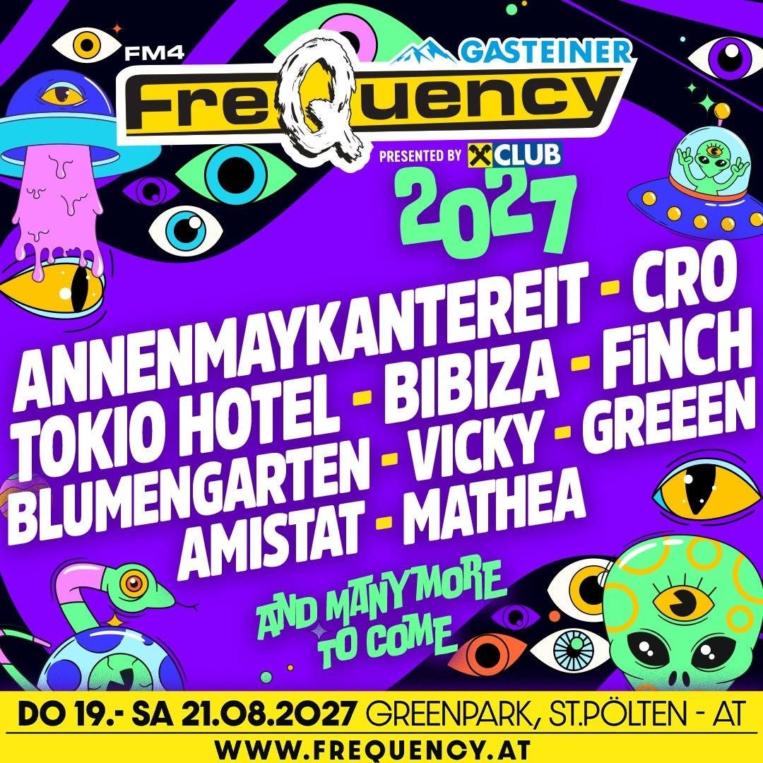 Buntes Frequency Festival 2027 Poster mit Lineup, Sci-Fi-Motiven und Infos zu Datum und Ort.