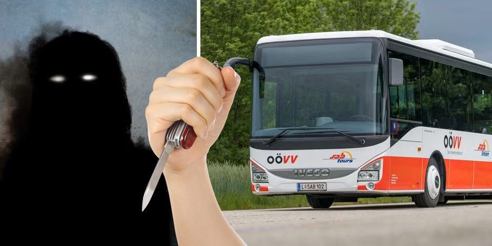 Eine dunkle Silhouette, eine Hand mit Messer und ein Bus der OÖVV in Bad Goisern.