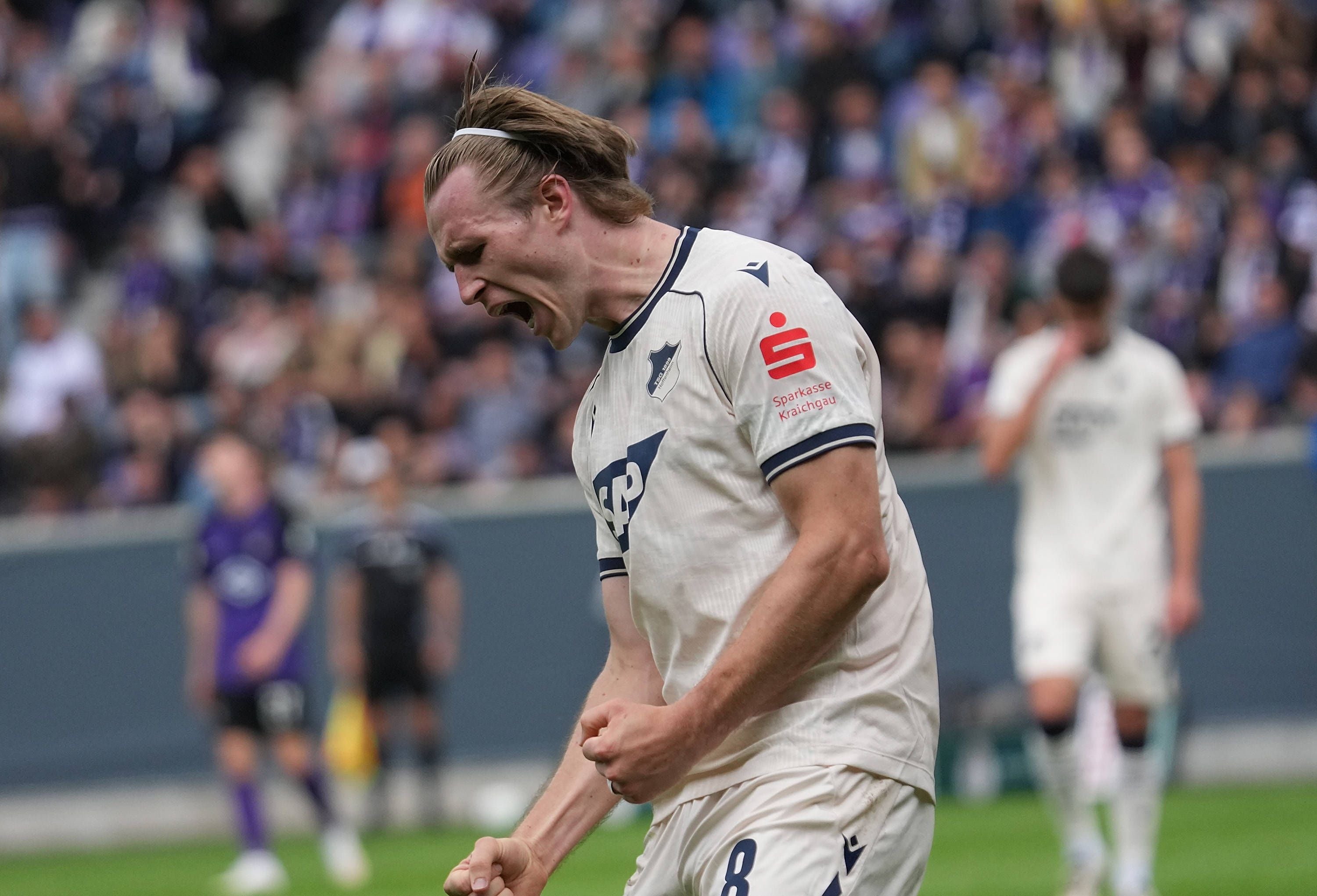 Ein Fußballspieler von TSG Hoffenheim jubelt auf dem Spielfeld mit geballter Faust.