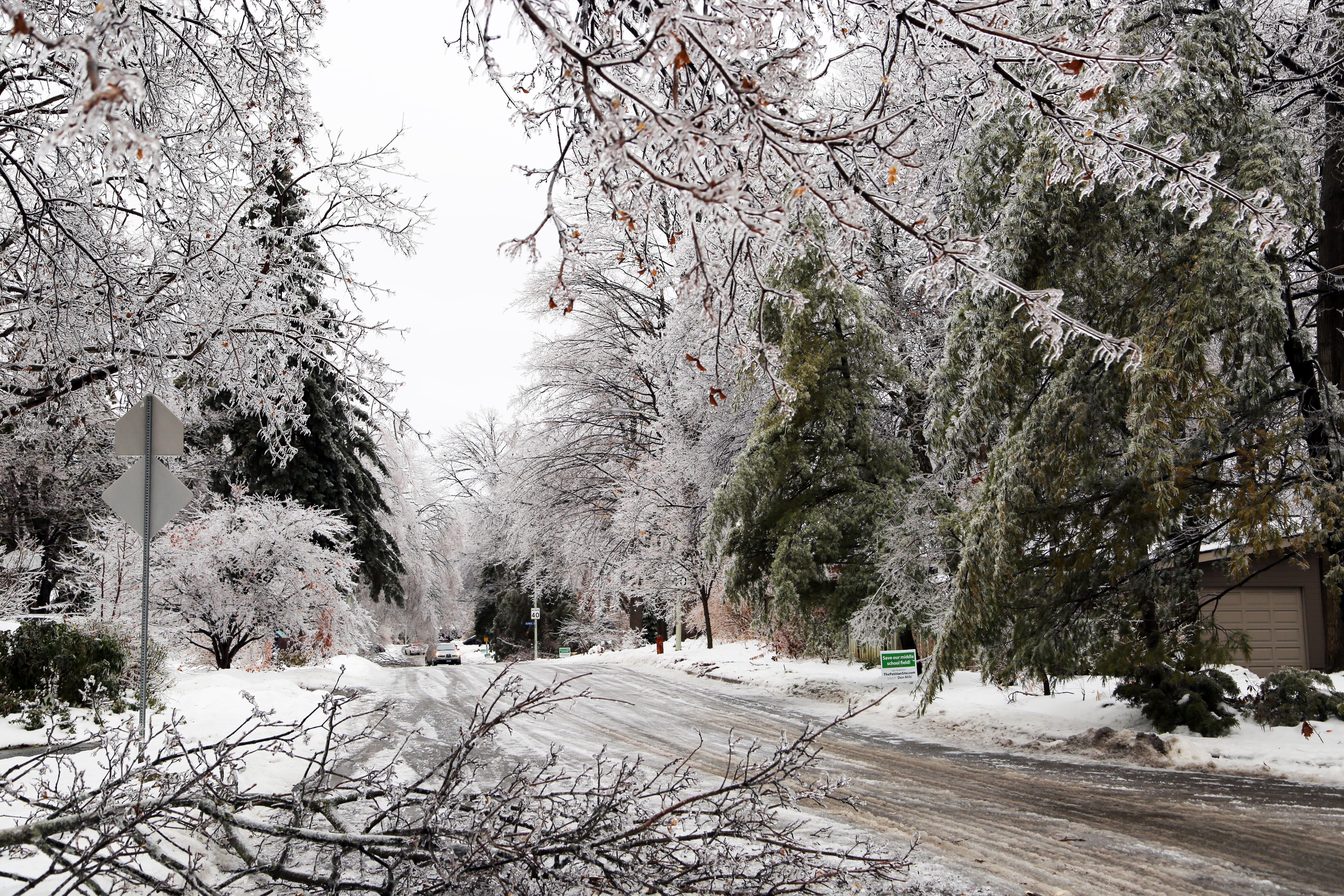 Vereiste Straße mit herabgefallenen Ästen nach einem Eissturm in Toronto im Winter.