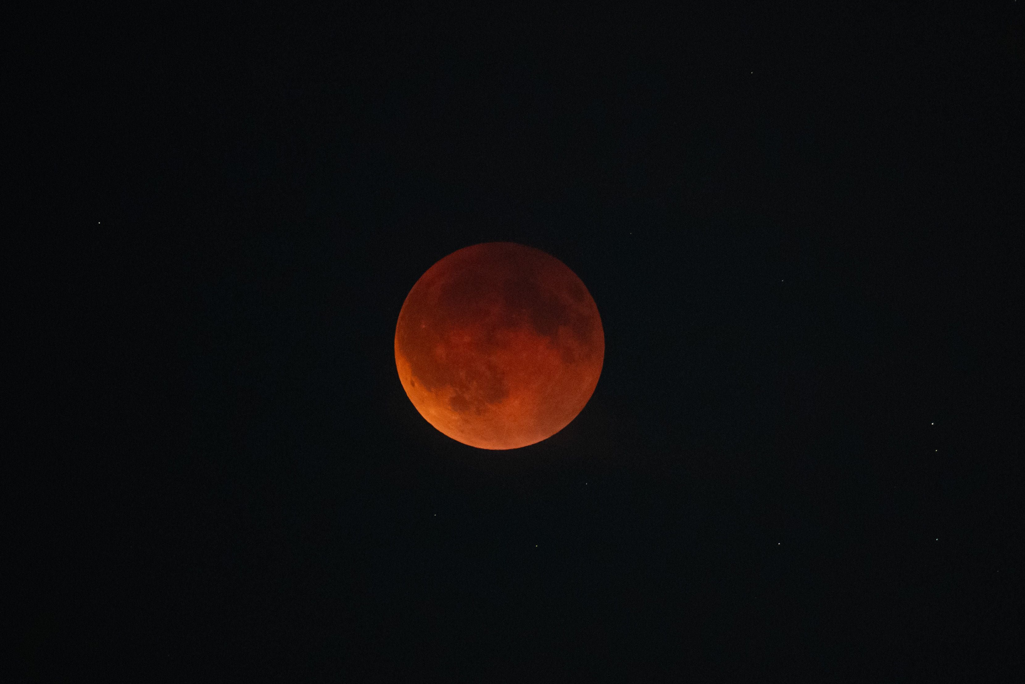 Roter Blutmond während einer totalen Mondfinsternis vor schwarzem Nachthimmel.