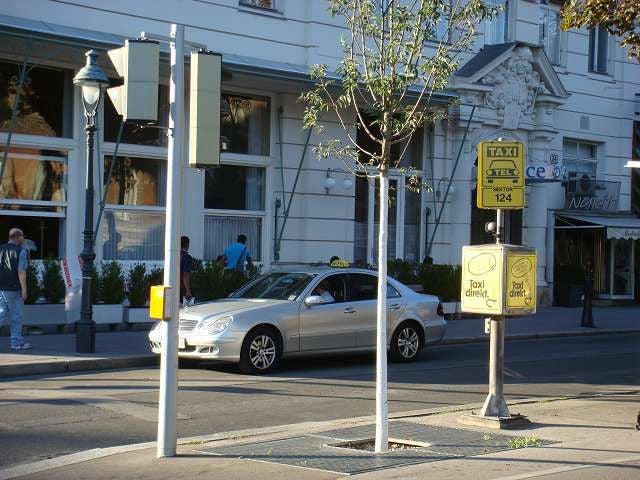 Silbernes Taxi steht an einer Taxistation in einer Stadtstraße in Wien.