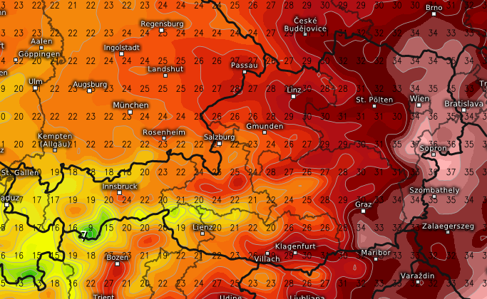 Wetterkarte zeigt Temperaturen über 35 Grad im Osten Österreichs am Freitag.