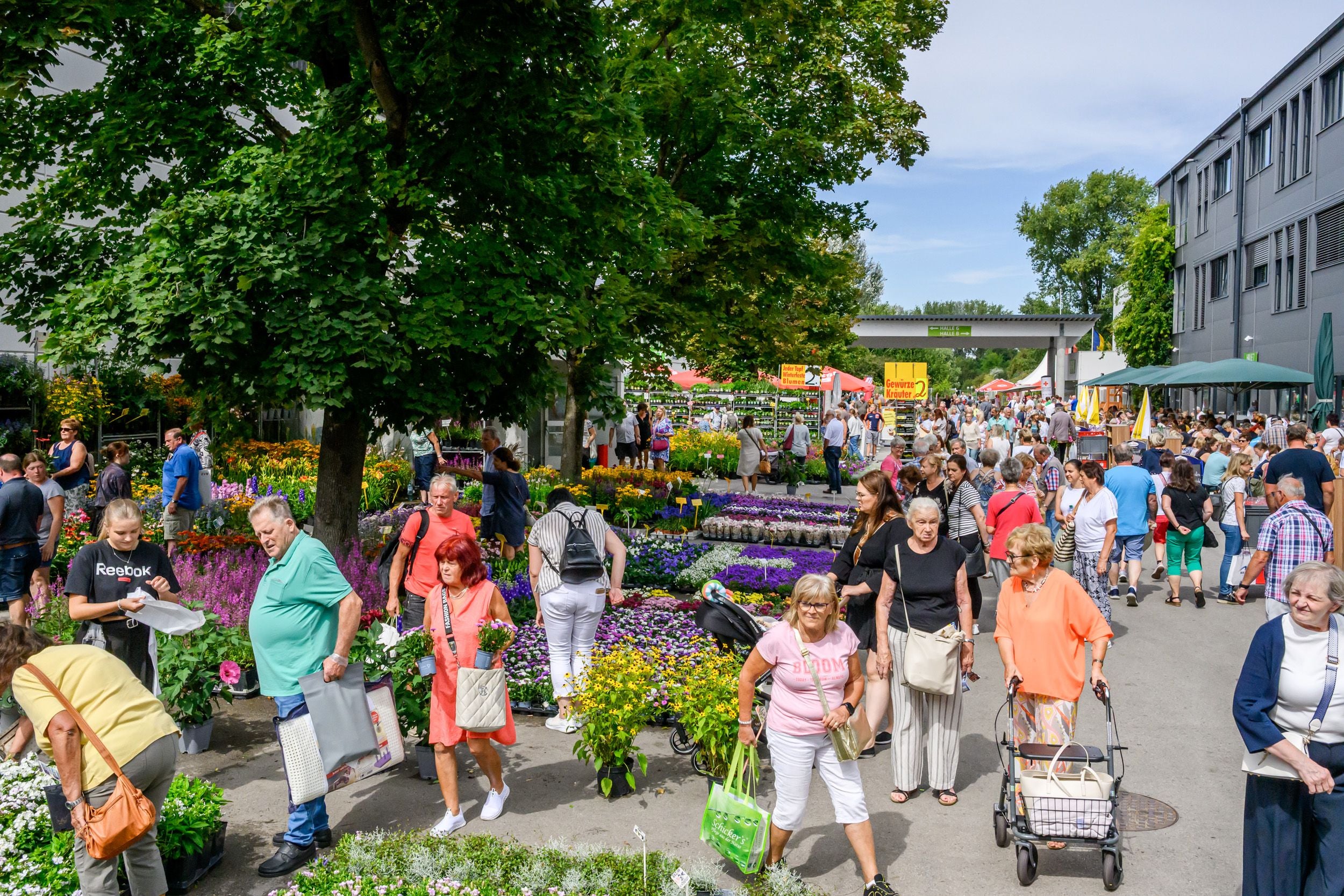 Viele Menschen besuchen eine bunte Blumen- und Pflanzenmesse im Freien bei Sonnenschein.