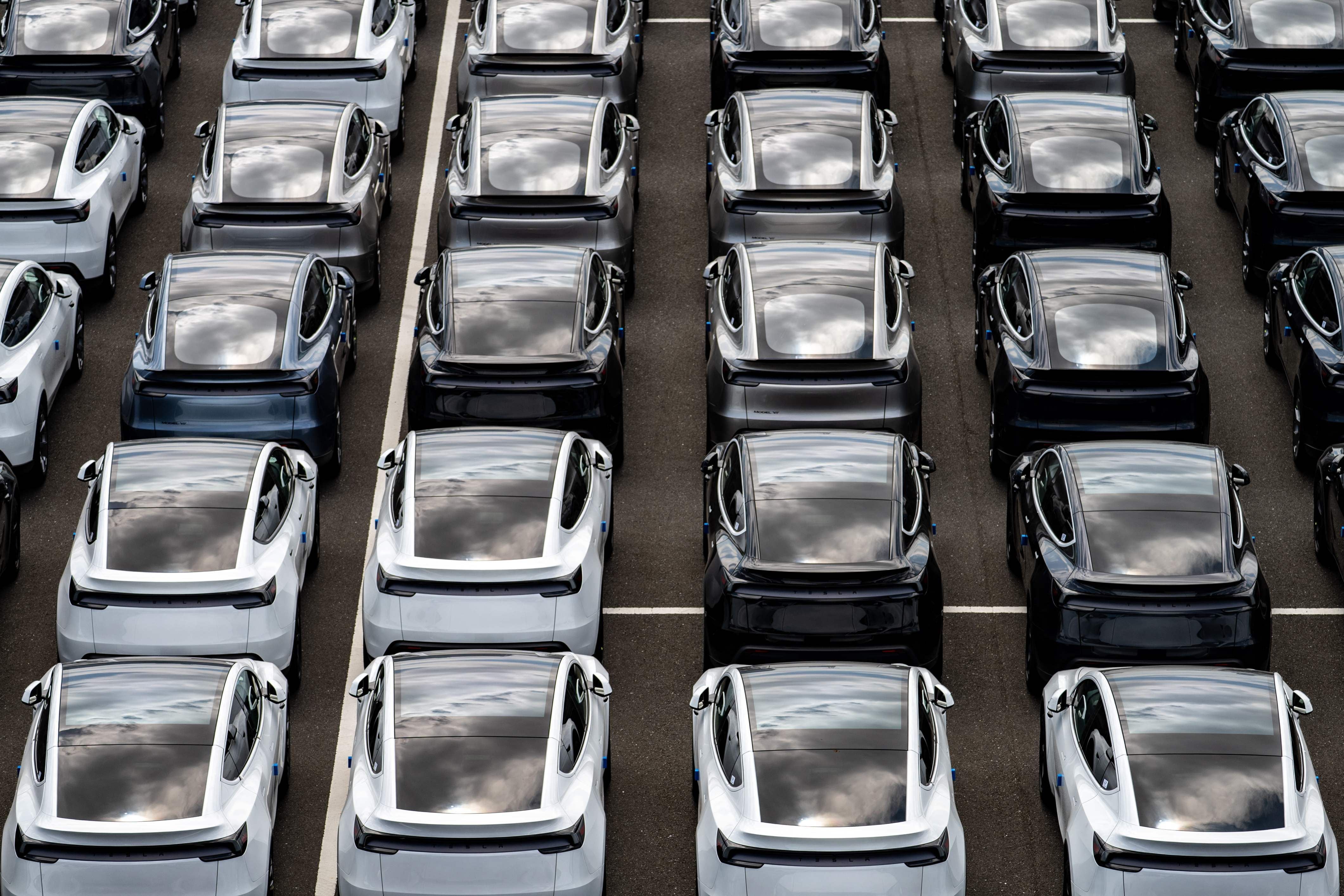 Viele neue Tesla-Fahrzeuge stehen in Reihen auf einem Parkplatz.