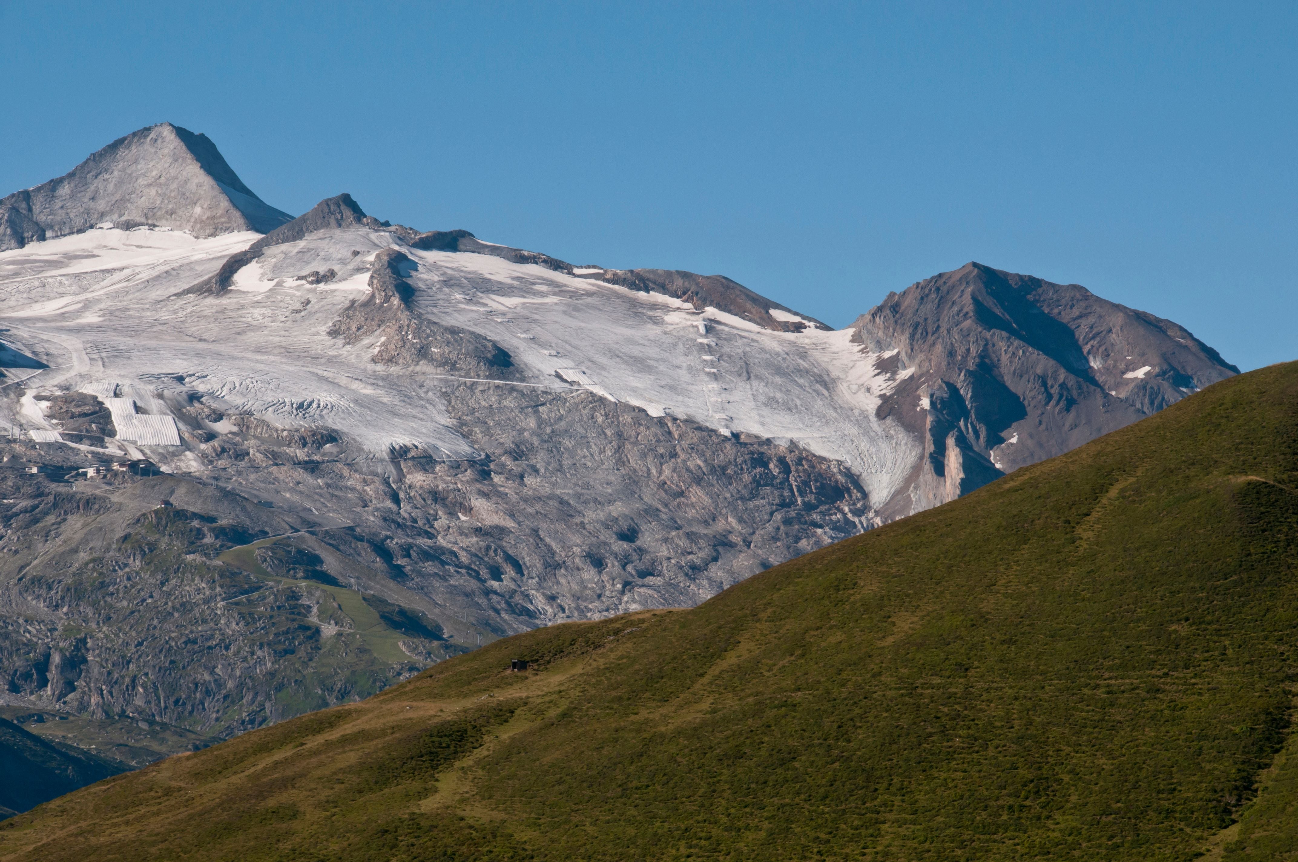 Gletscher auf dem Hauptkamm der Tuxer Alpen mit grüner Bergwiese im Vordergrund bei klarem Himmel.