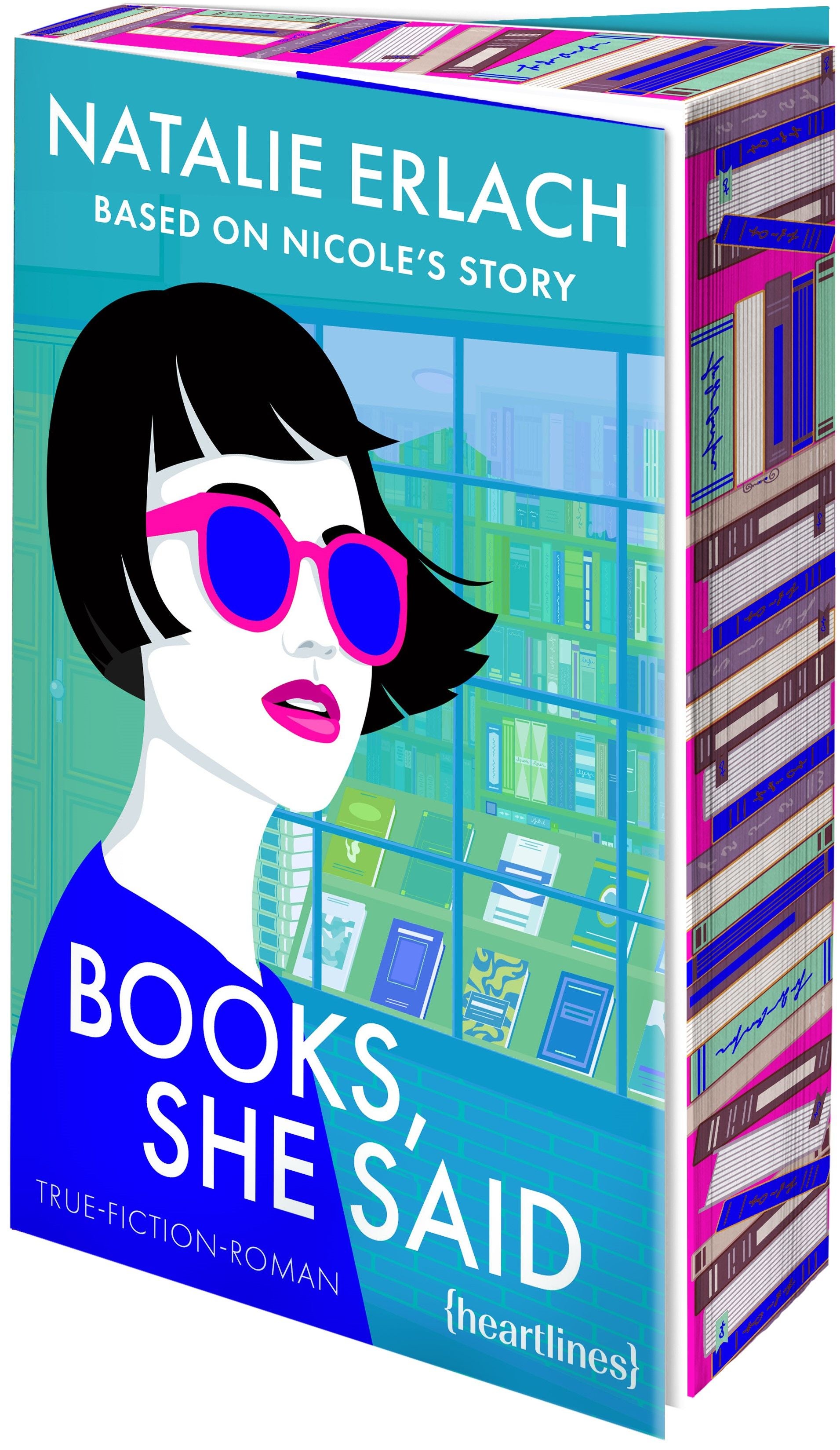 Buchcover von "Books, She Said" mit stilisierter Frau und Bücherregal im Hintergrund.