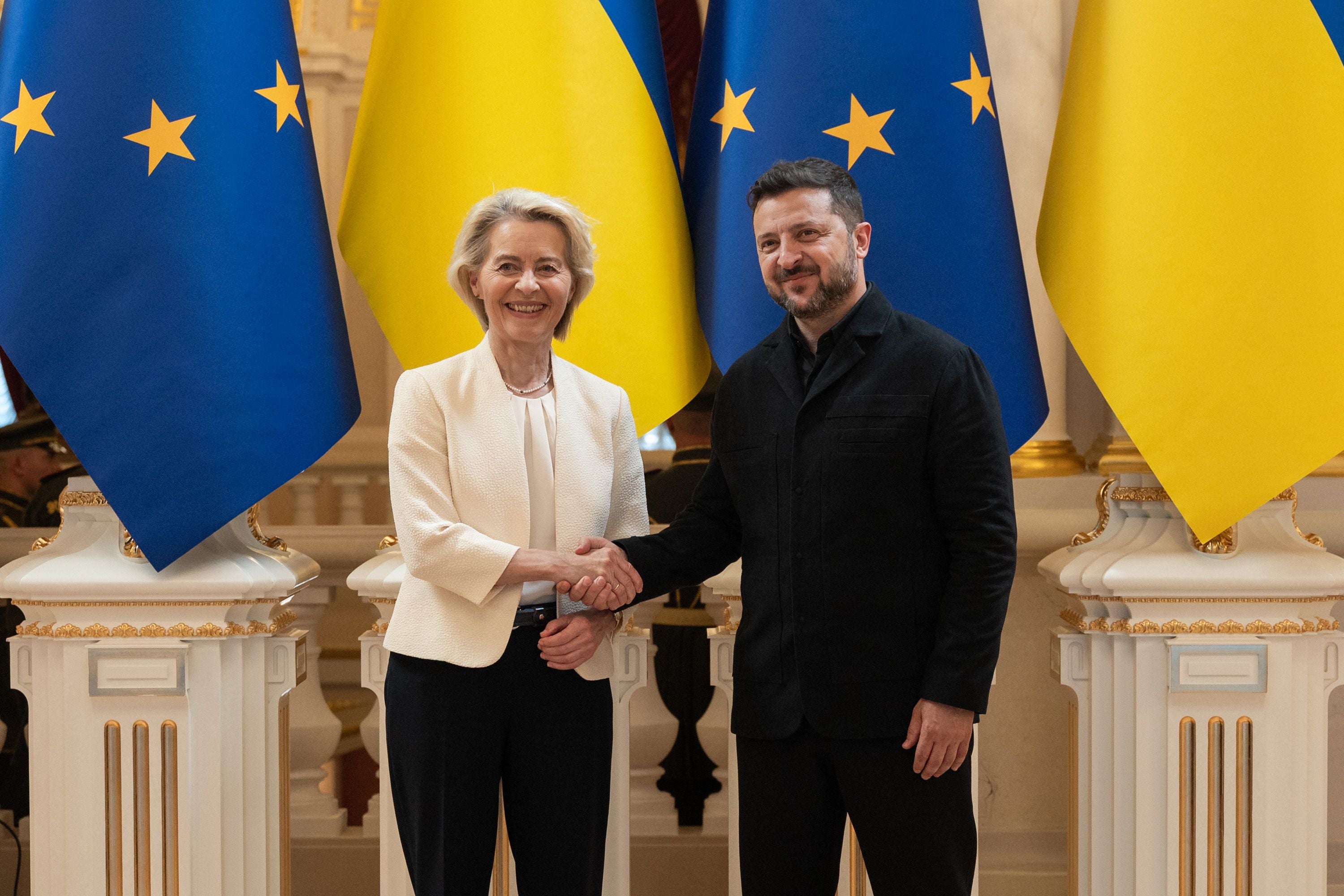 Zwei Personen geben sich vor EU- und ukrainischen Flaggen die Hand und lächeln in die Kamera.