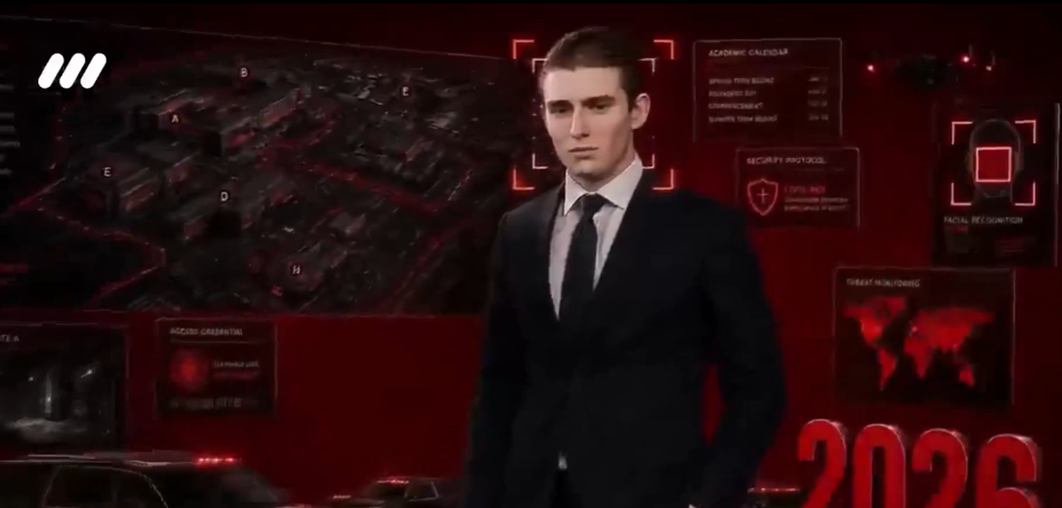 Junger Mann im Anzug steht vor futuristischen, roten Informationsgrafiken mit der Jahreszahl 2026.