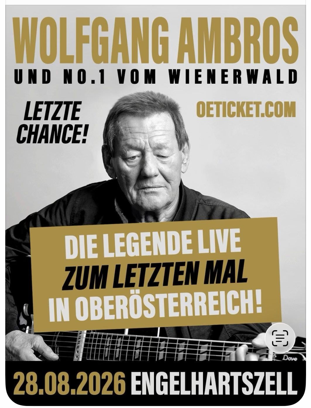 Werbeplakat für ein Wolfgang Ambros Konzert am 28.08.2026 in Engelhartszell.