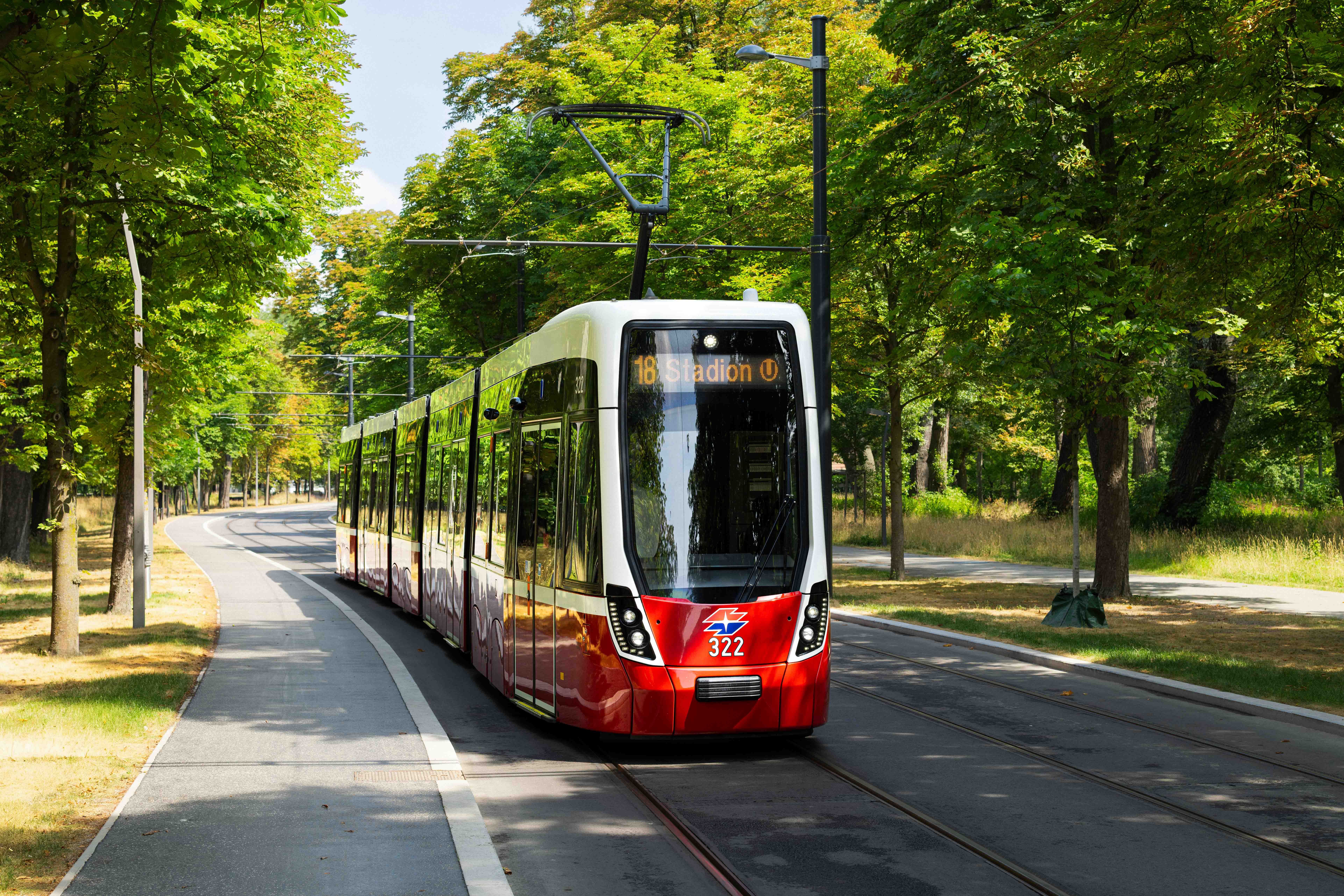 Moderne Straßenbahn der Linie 18 fährt durch eine von Bäumen gesäumte Strecke Richtung Stadion.