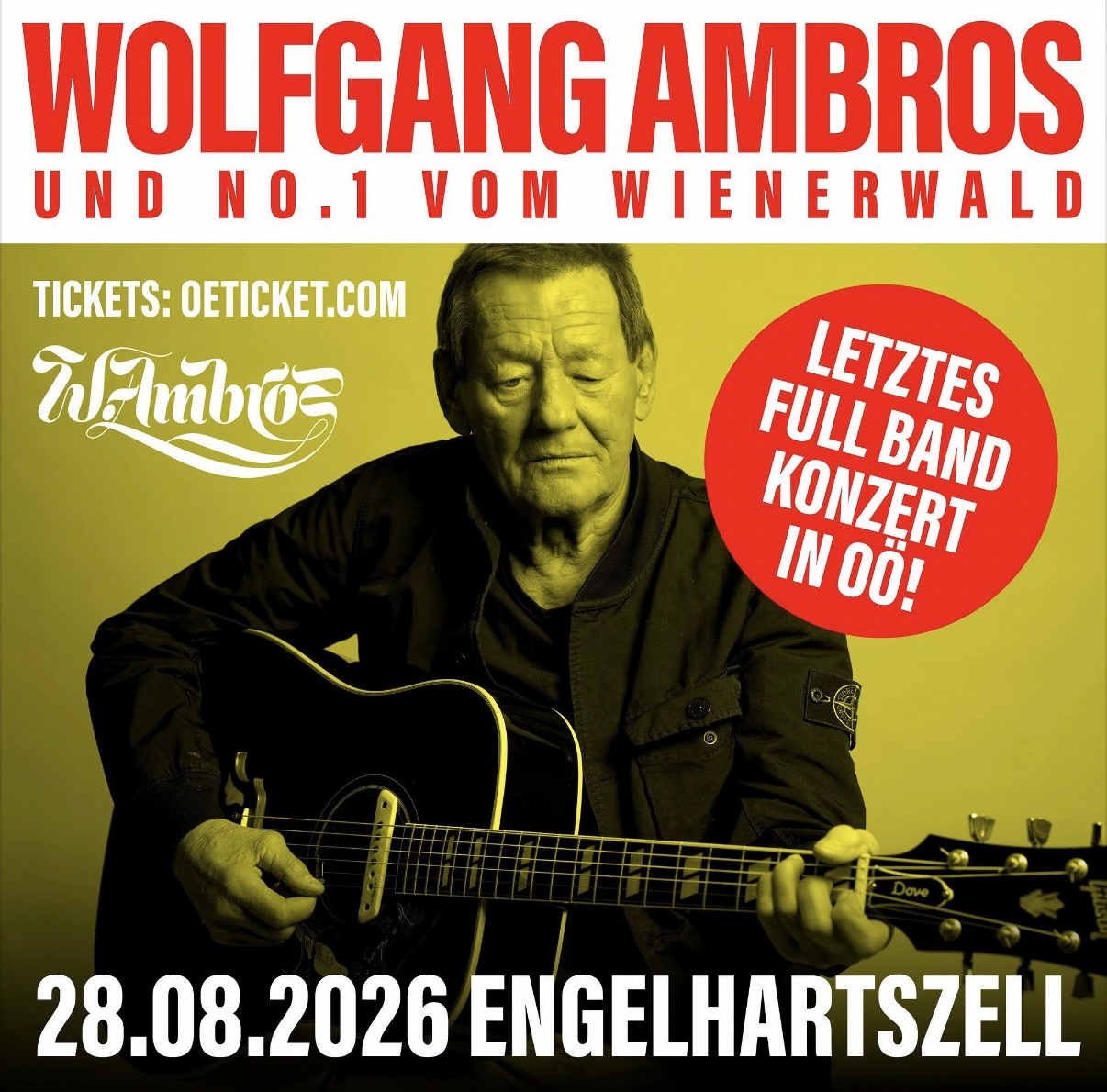 Werbeplakat für ein Wolfgang-Ambros-Konzert am 28.08.2026 in Engelhartszell.