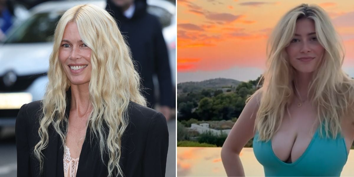 Zwei Frauen mit langen blonden Haaren, links im Anzug, rechts im Badeanzug vor Sonnenuntergang.