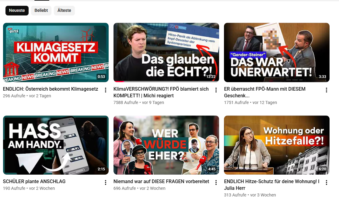 Verschiedene YouTube-Videos mit politischen Themen und Diskussionen werden angezeigt.