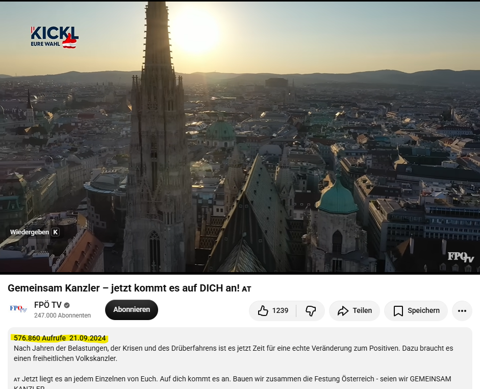 Blick über Wien mit Stephansdom bei Sonnenuntergang, eingeblendetes FPÖ-Kickl-Wahlkampf-Logo.