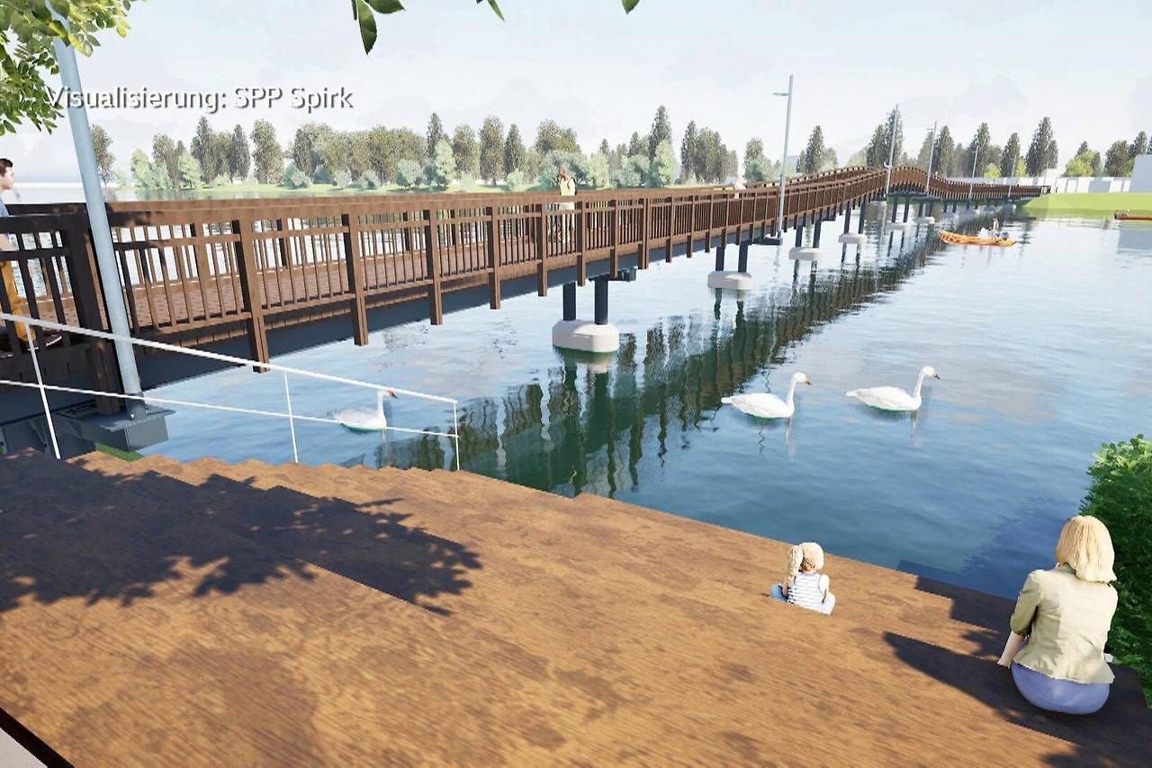 Visualisierung eines Holzstegs über einen Fluss mit Schwänen und Menschen auf Treppen am Ufer.