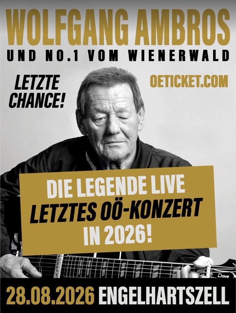 Schwarz-weiß Plakat mit Wolfgang Ambros, Gitarre haltend und Konzertinfos für 2026.