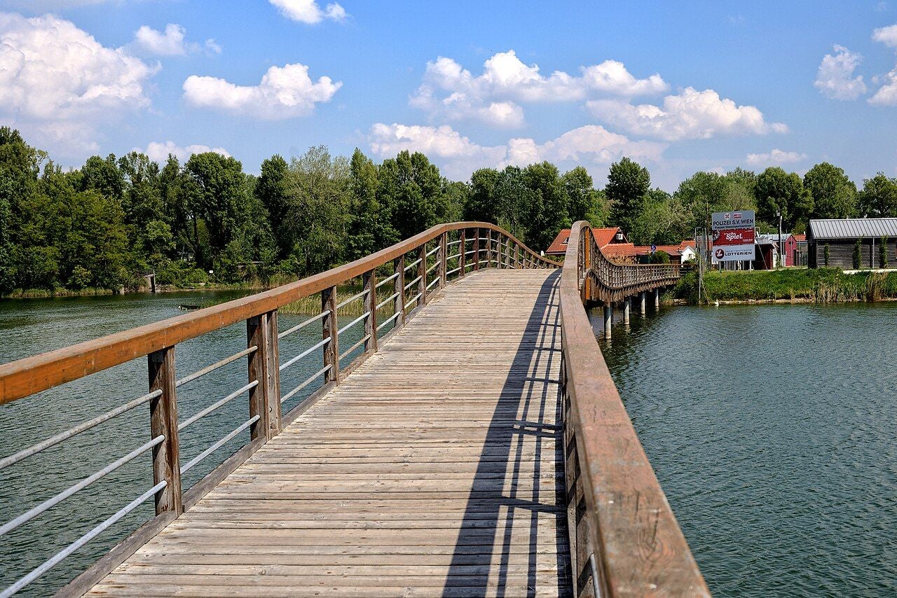Holzsteg mit Geländer führt über Wasser, im Hintergrund Bäume und Gebäude bei sonnigem Wetter.