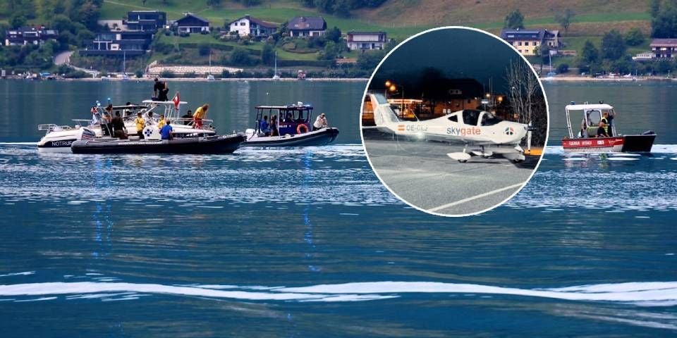 Mehrere Rettungsboote auf dem Attersee, im Kreisbild ein Kleinflugzeug auf Asphalt.