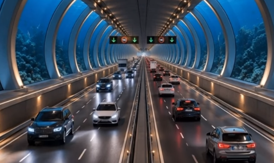 Autos fahren durch einen modernen Glastunnel unter Wasser mit Blick auf das Meer.
