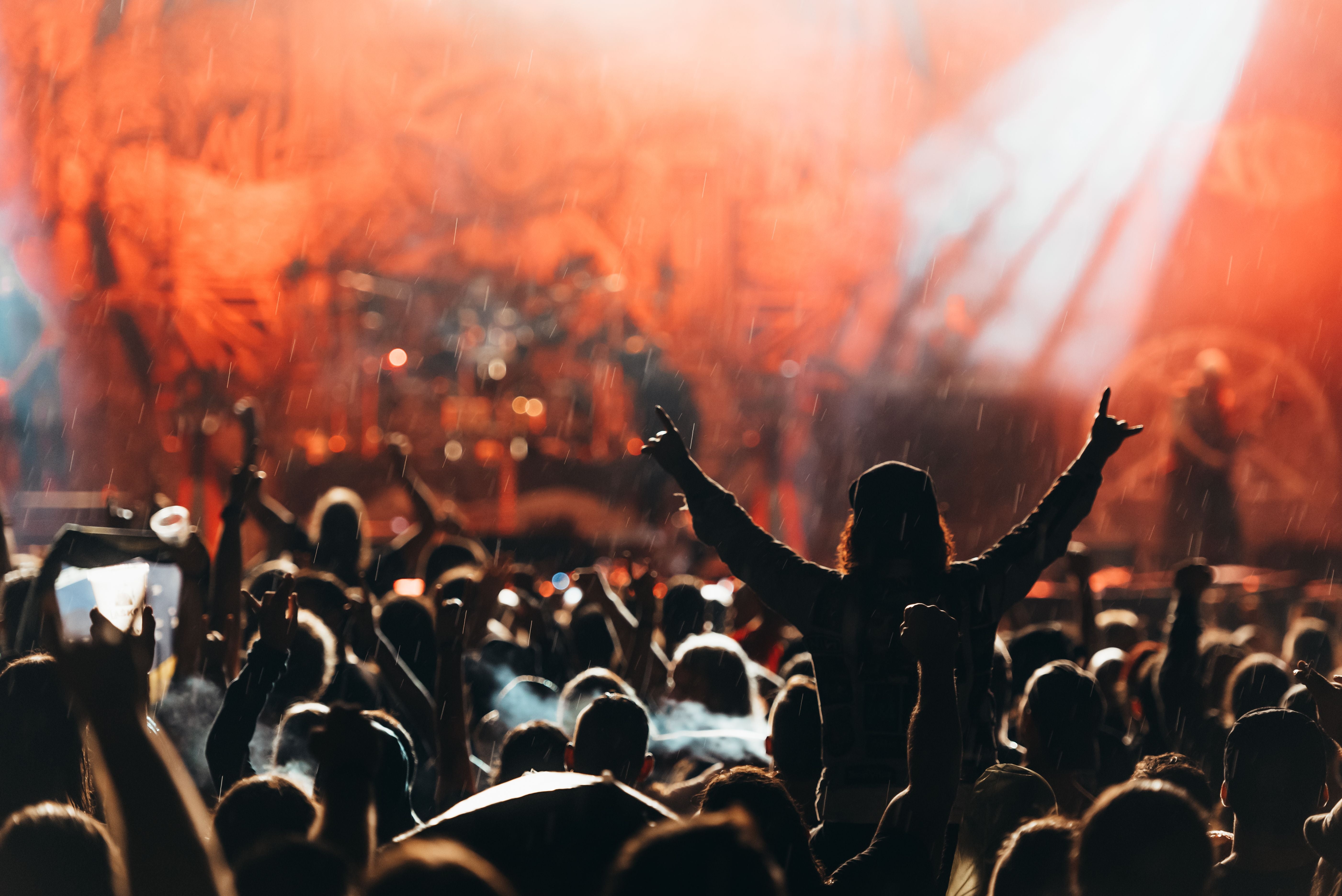 Publikum auf einem Metal-Konzert, eine Person zeigt die Teufelsgehörn-Handgeste.