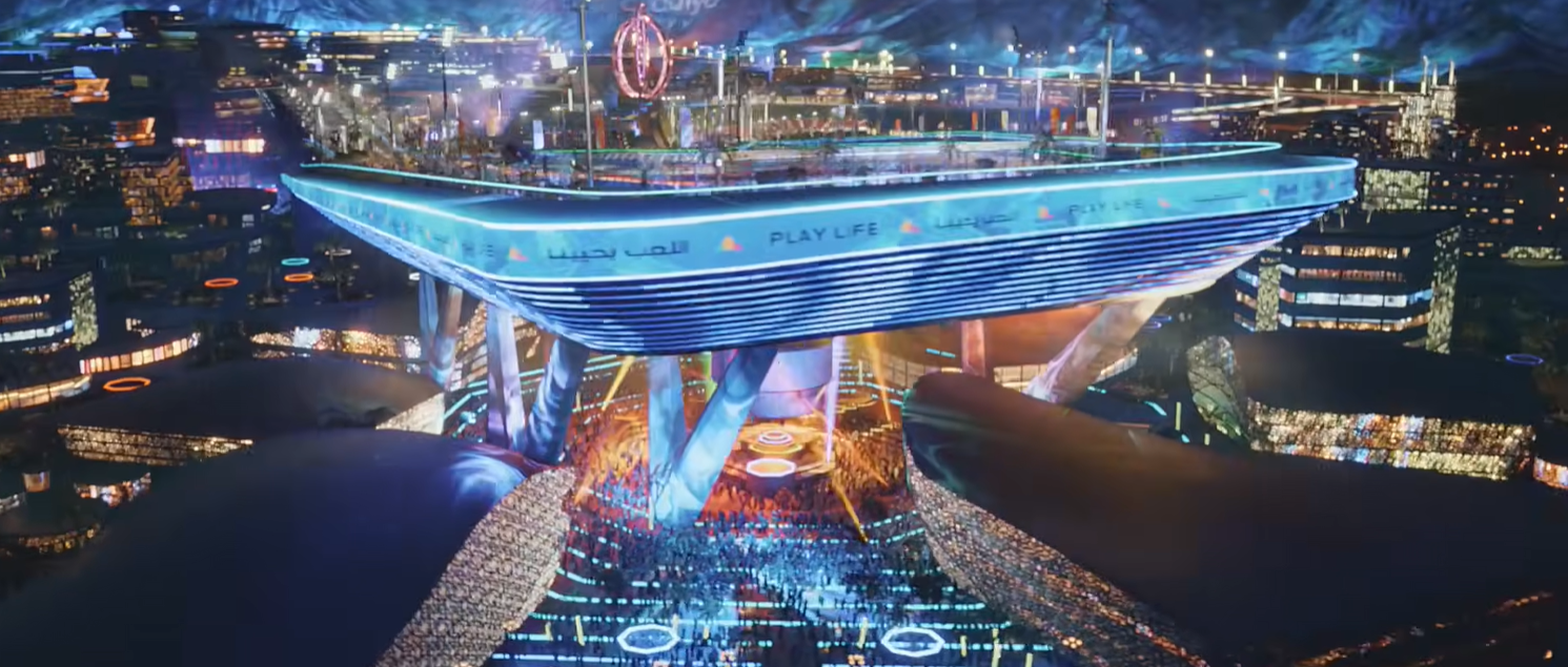 Futuristische Ansicht des Qiddiya Speed Park mit leuchtenden Lichtern und Menschenmengen.