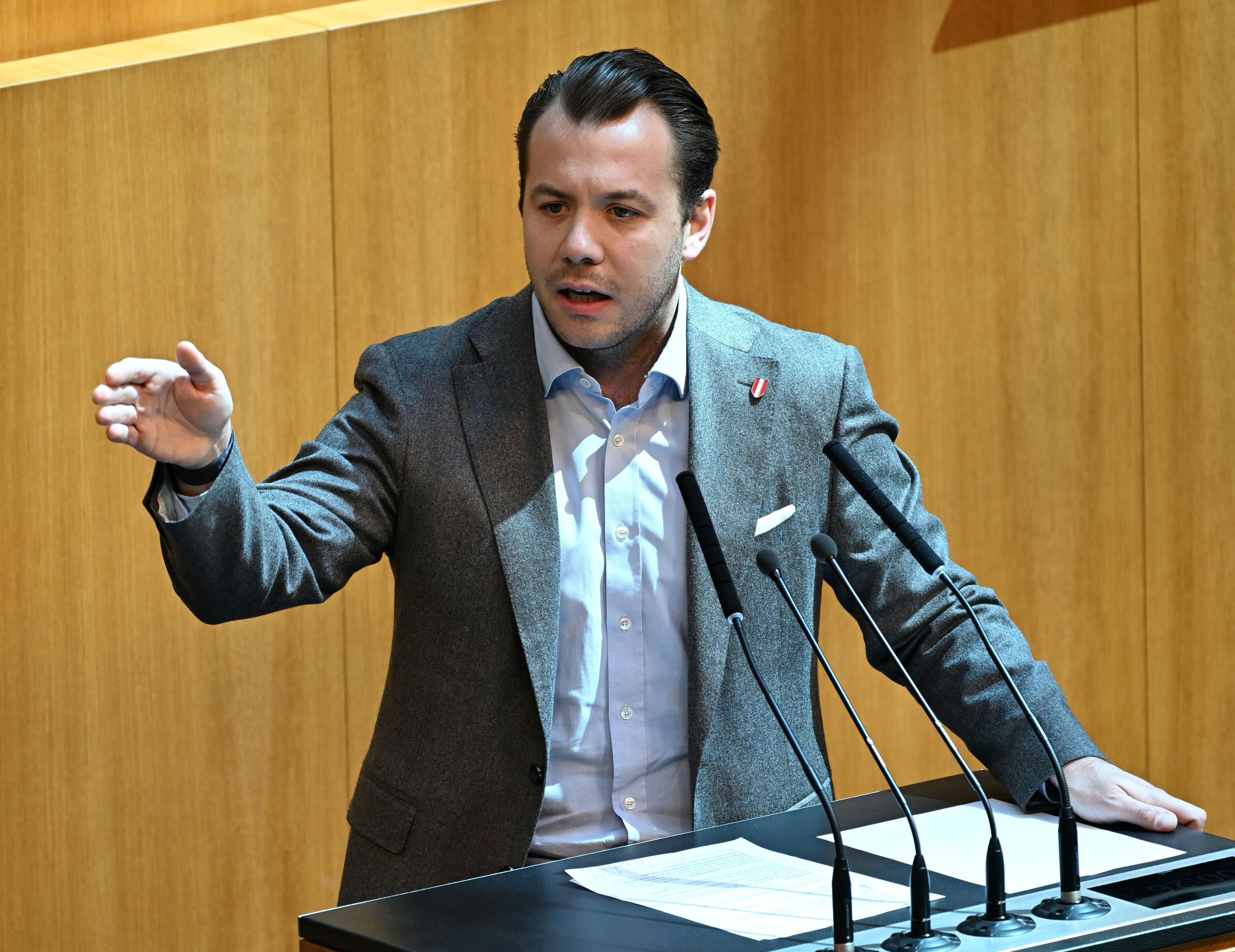 Ein Mann in einem grauen Anzug spricht gestikulierend an einem Rednerpult im Parlament.