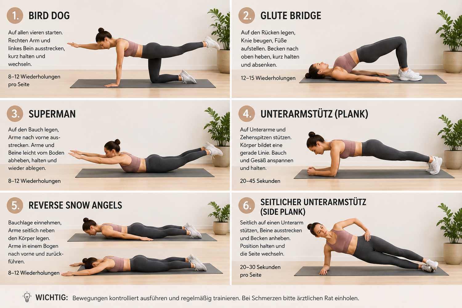 Sechs Übungen für ein Rücken-Workout zu Hause mit Anleitungen und Fotos einer Frau auf Matte.