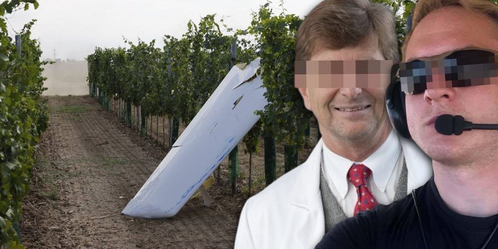 Wrackteil eines Flugzeugs im Weingarten, zwei Männer mit verpixelten Augen im Vordergrund.