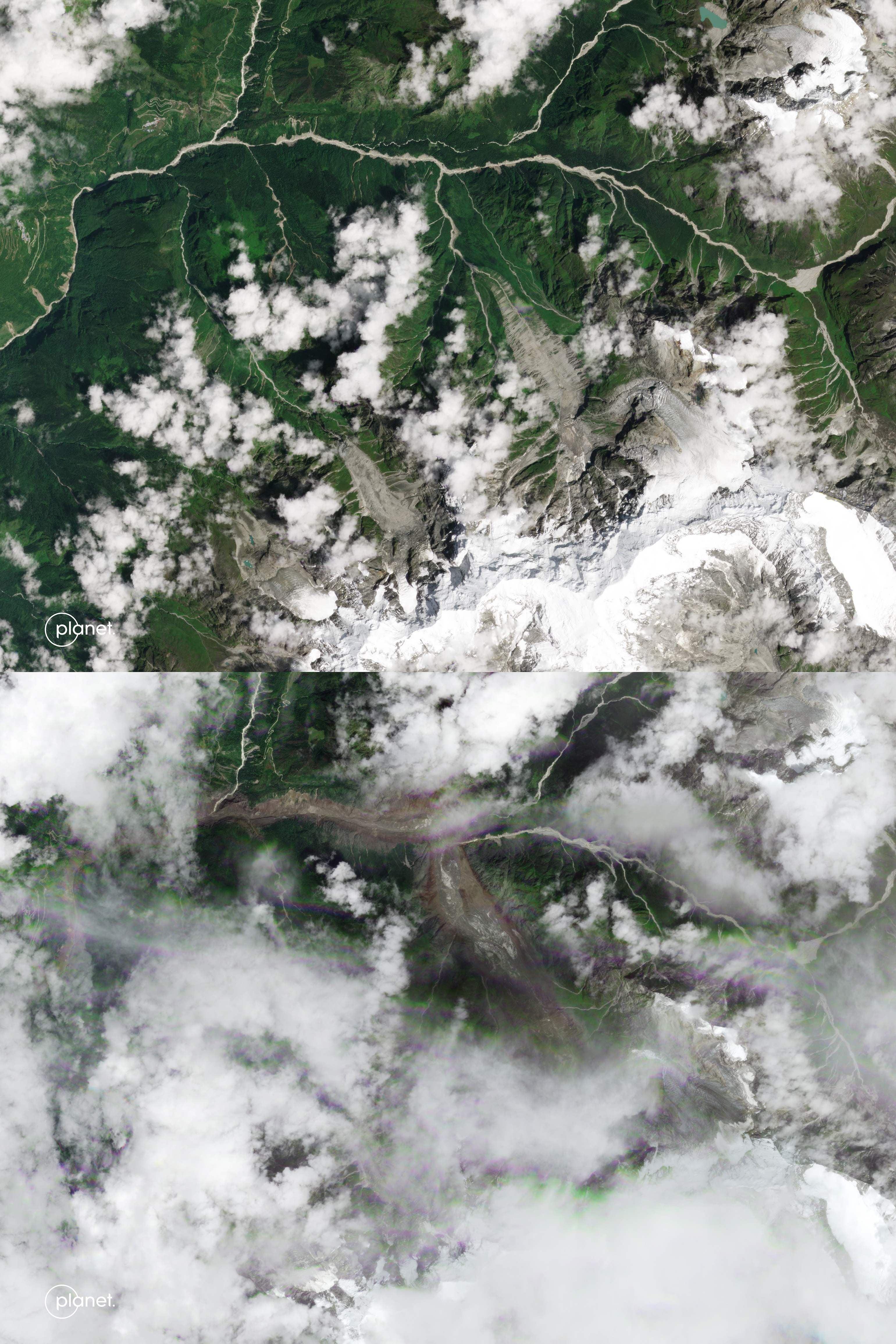 Satellitenbilder vom Bhote Koshi Flussgebiet vor (oben) und nach (unten) einer großen Flutkatastrophe.
