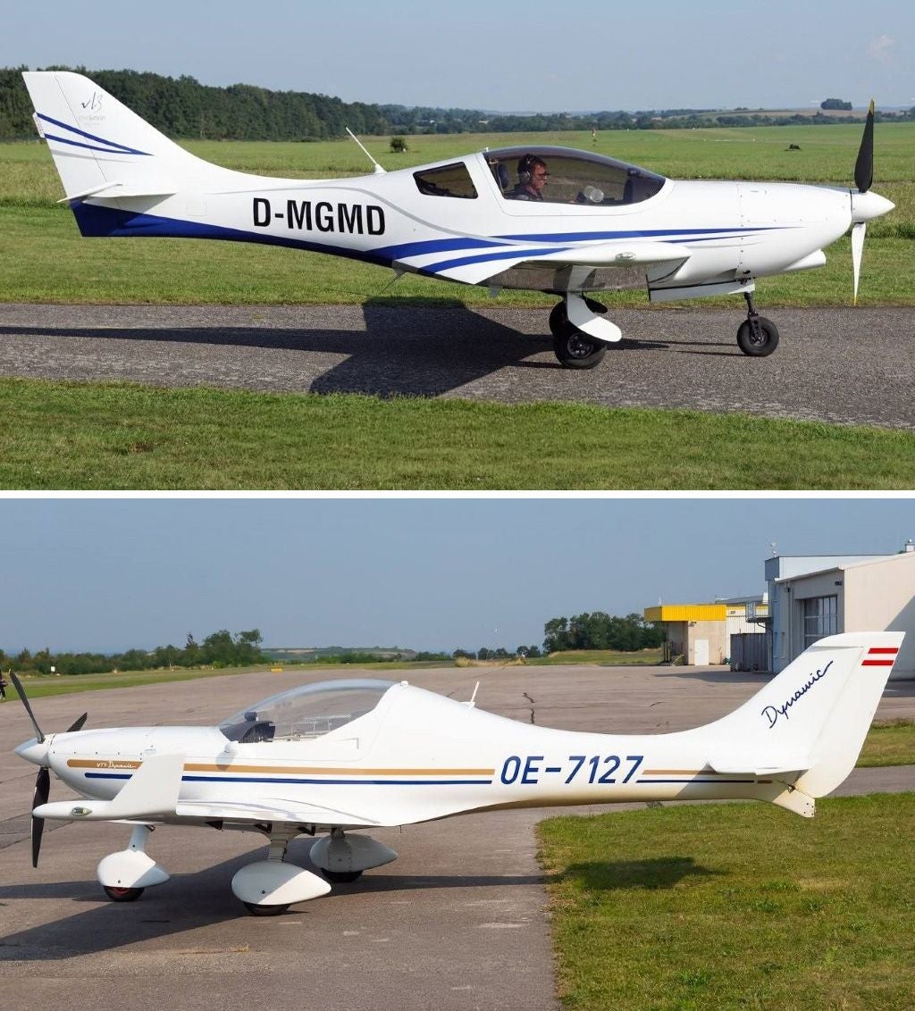 Zwei kleine einmotorige Sportflugzeuge stehen nebeneinander auf einem Flugplatz.