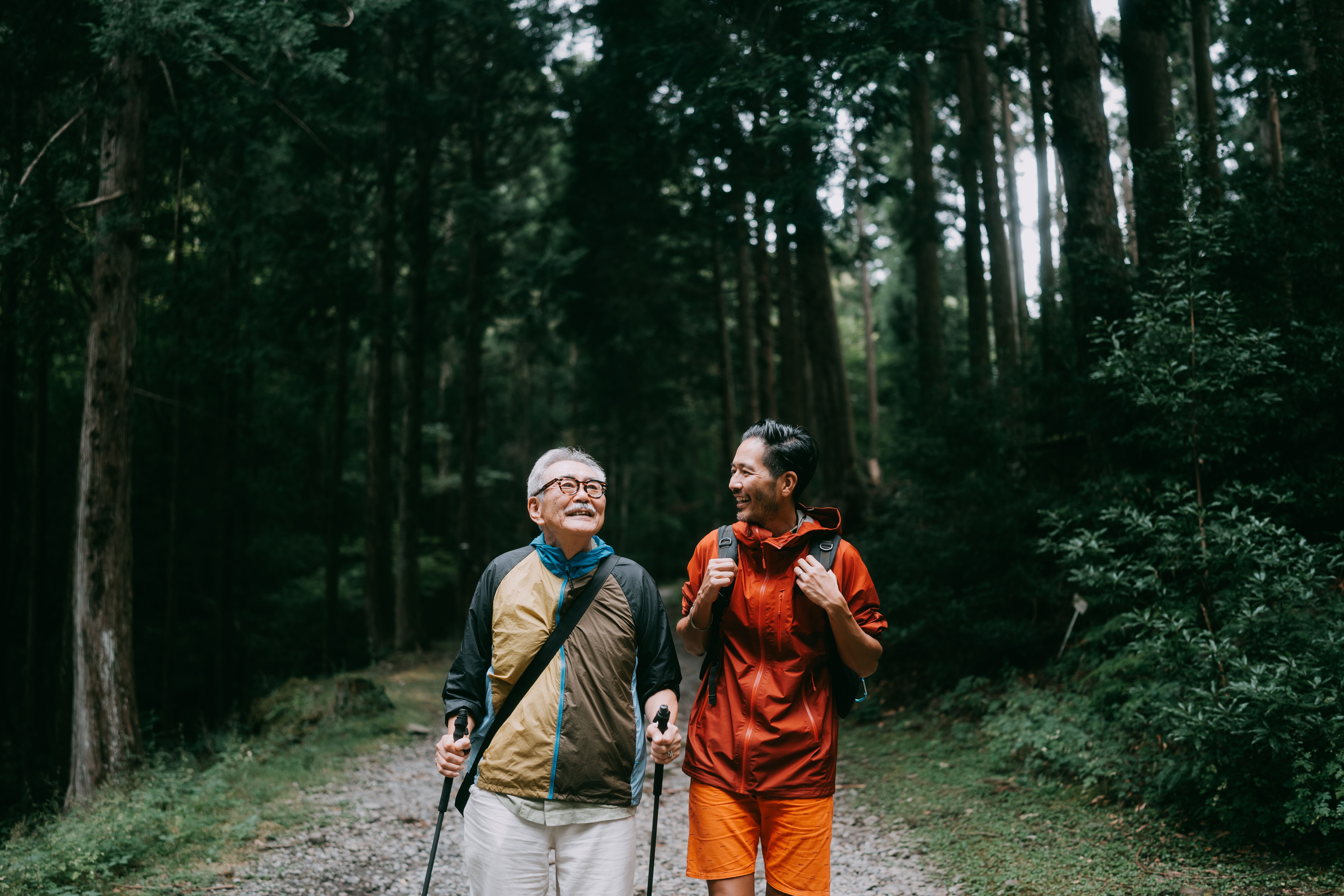 Zwei Männer wandern lachend auf einem Waldweg in den Bergen.