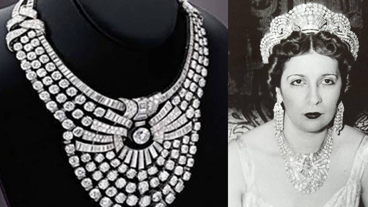 Links ein prunkvolles Diamantcollier, rechts die ägyptische Königin Nazli mit Tiara und gleichem Collier.