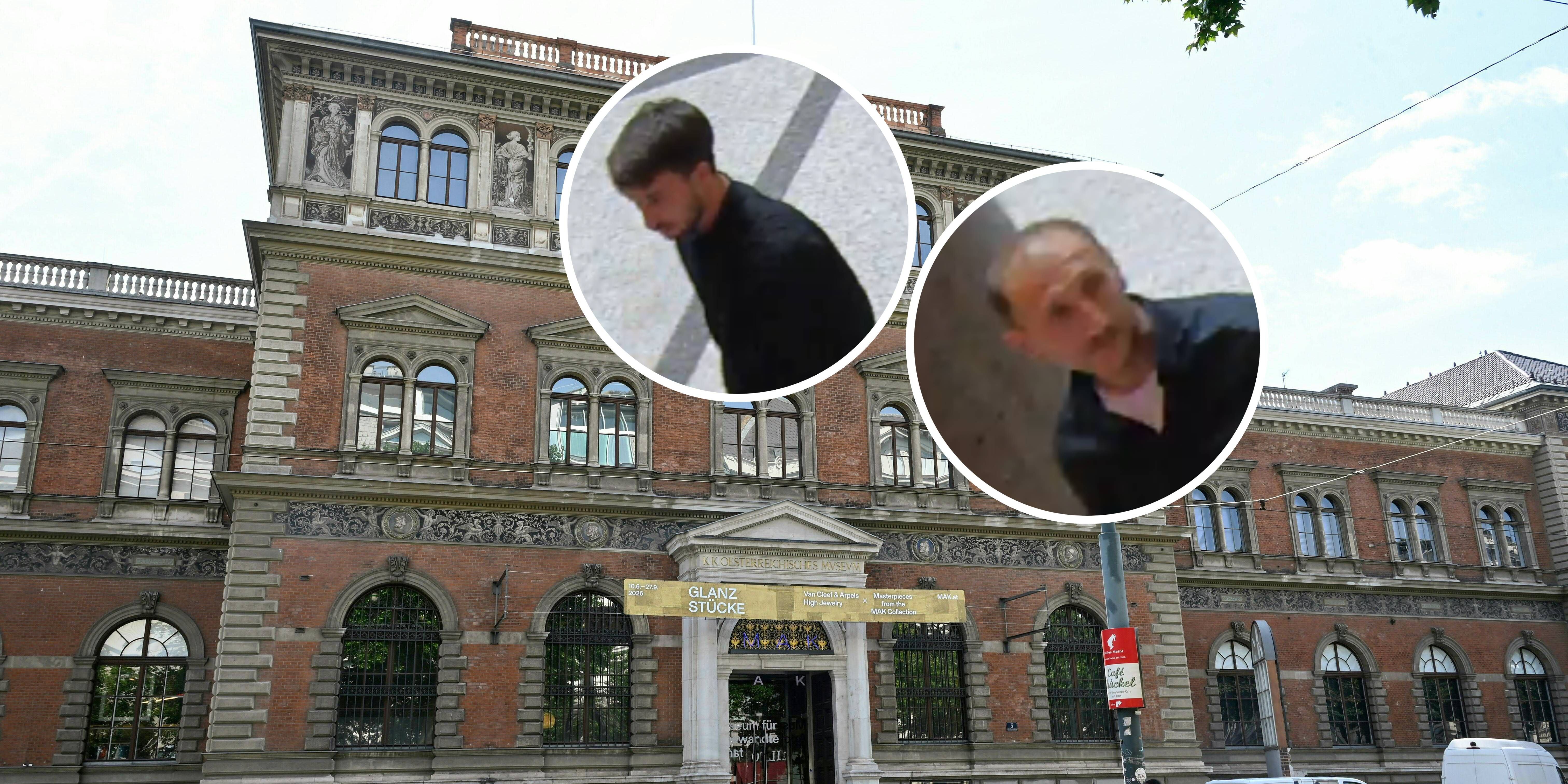 Außenansicht des Museums für Angewandte Kunst in Wien mit zwei Porträts in runden Ausschnitten.