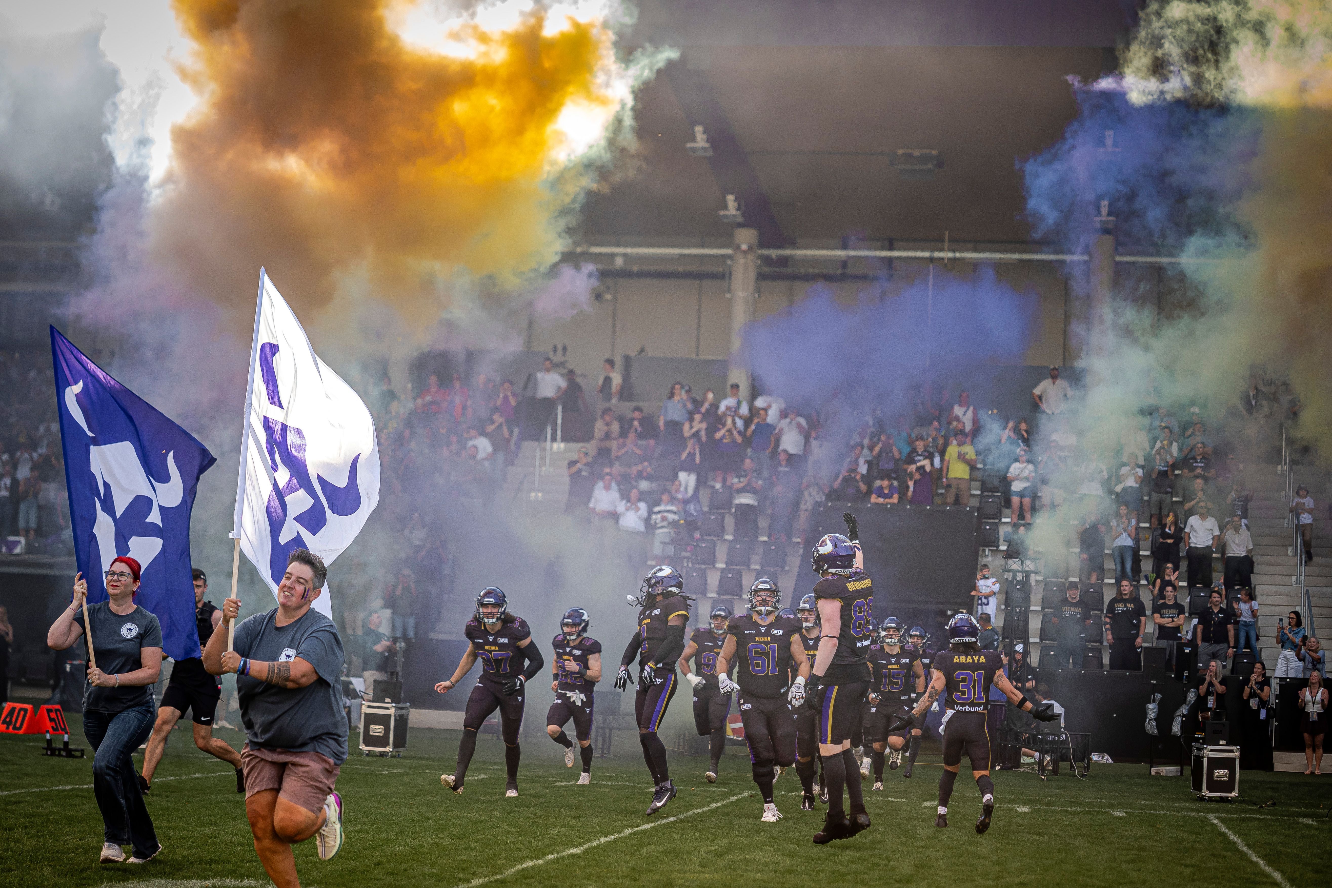 American-Football-Spieler der Vikings laufen unter buntem Rauch ins Stadion ein, Fans jubeln auf den Rängen.