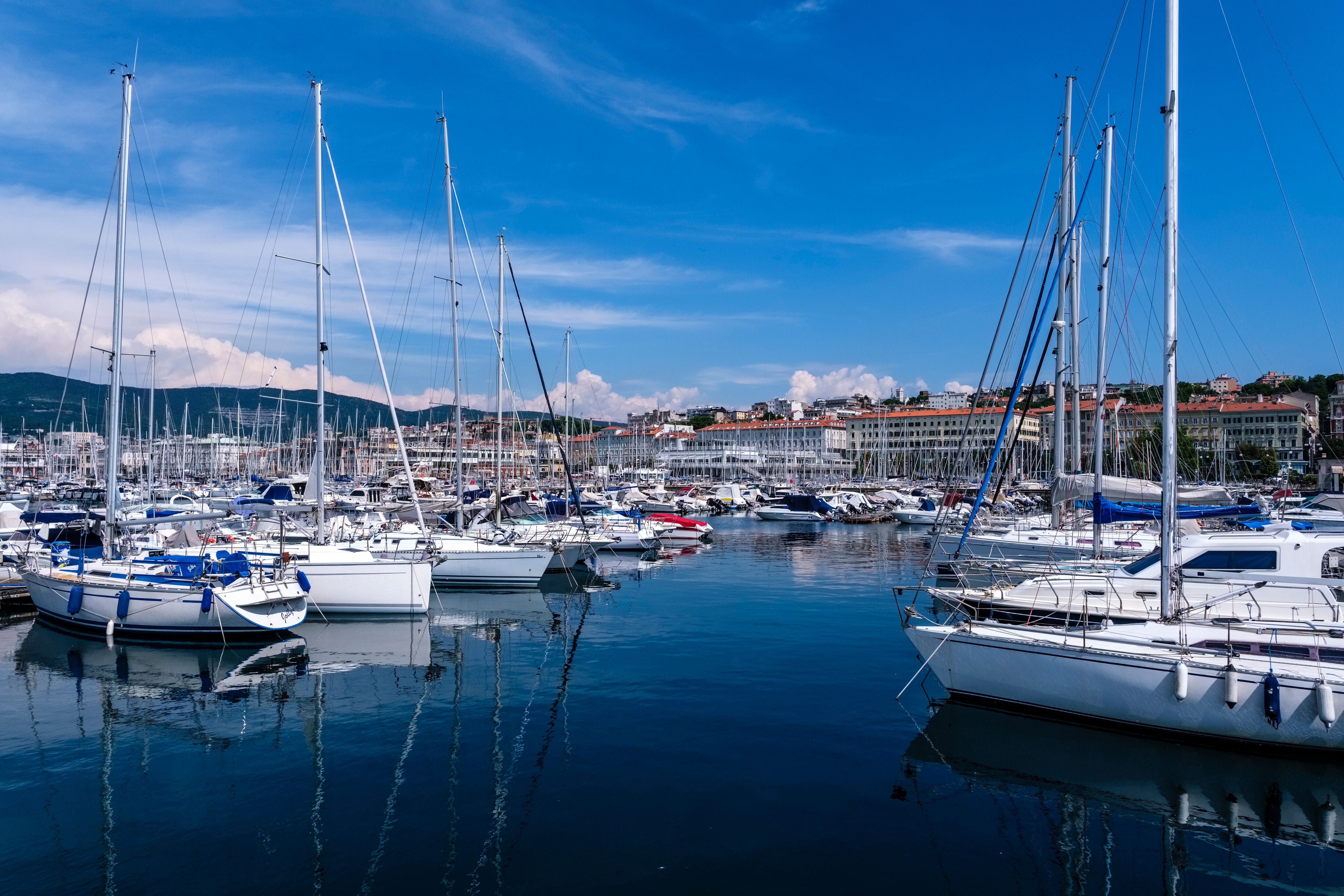 Mehrere Segelboote liegen im Hafen von Triest, im Hintergrund Stadt und Karst-Hochplateau.