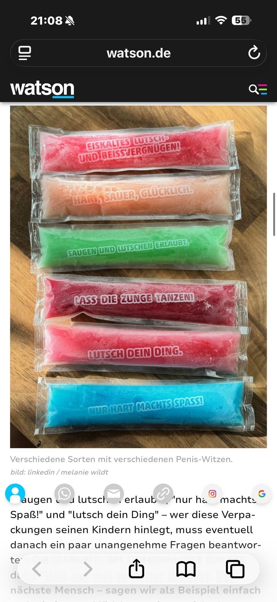 Verschiedenfarbiges Wassereis mit zweideutigen Sprüchen auf der Verpackung.