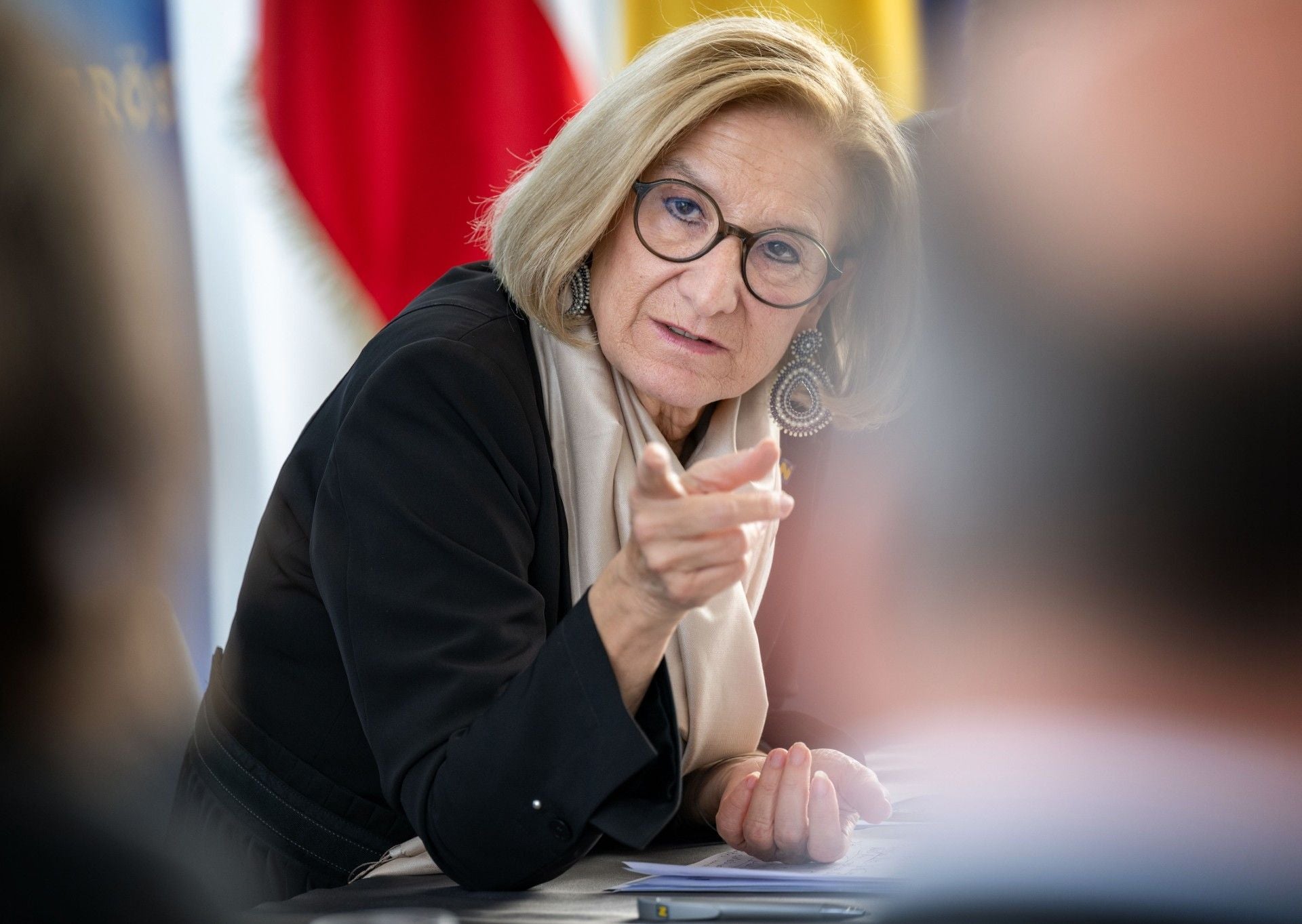 Eine Frau mit Brille und hellem Schal spricht gestikulierend bei einem Treffen.