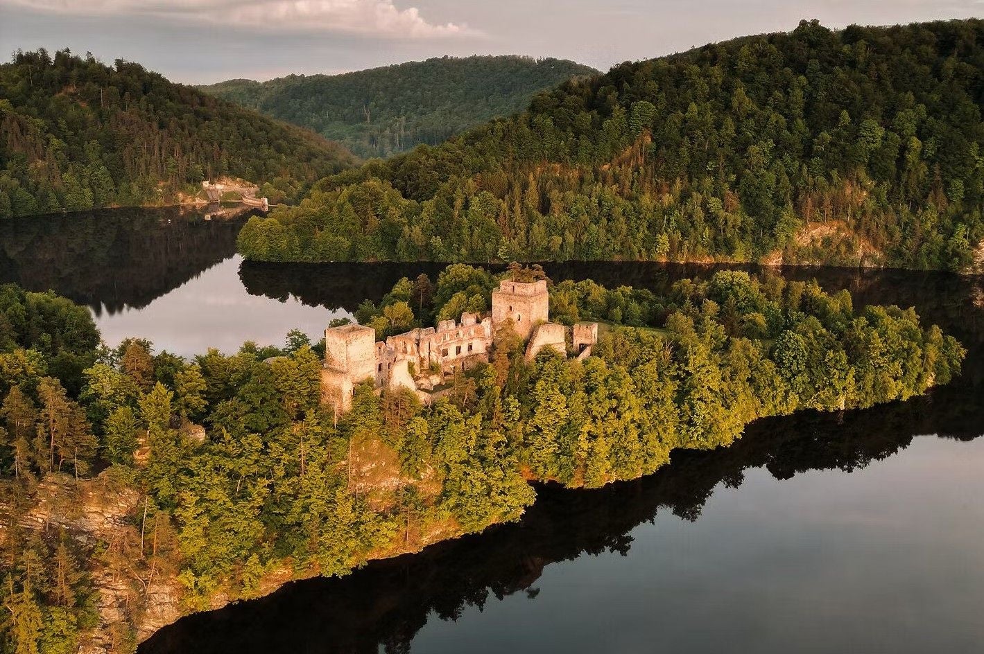 Eine Burgruine liegt von Wäldern umgeben an einem See in Niederösterreich.