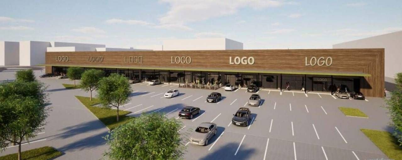 Visualisierung eines modernen Einkaufszentrums mit Holzwand und großem Parkplatz davor.
