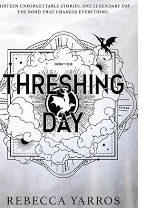 Buchcover mit Wolken, Drachen und dem Titel „Threshing Day“ von Rebecca Yarros.