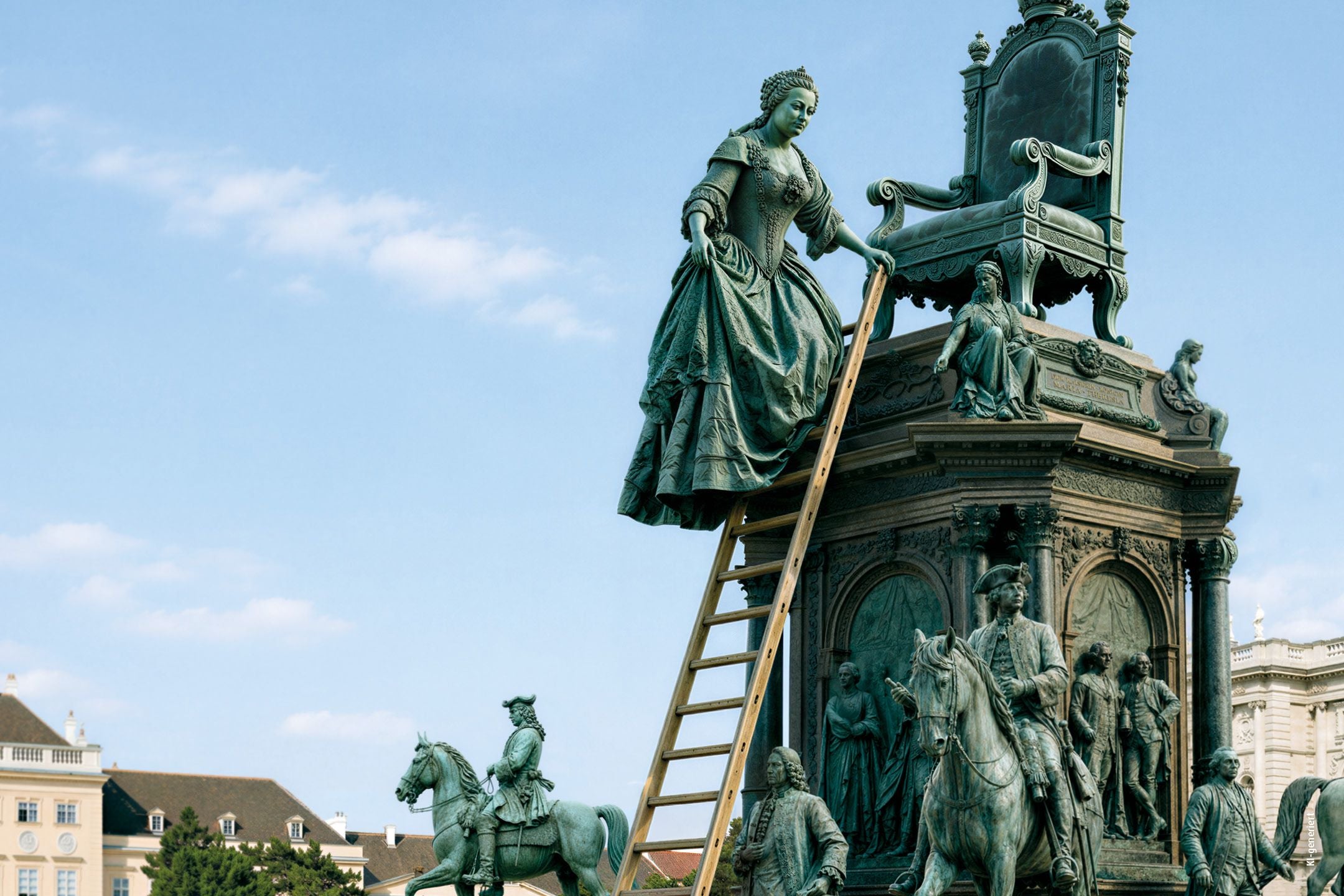 Eine Statue einer Frau steigt eine Leiter zu einem Thron auf einem monumentalen Denkmal empor.