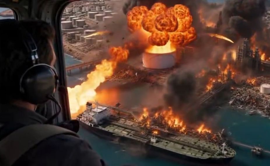 Ein Mann im Hubschrauber beobachtet eine brennende Hafenanlage mit großer Explosion.