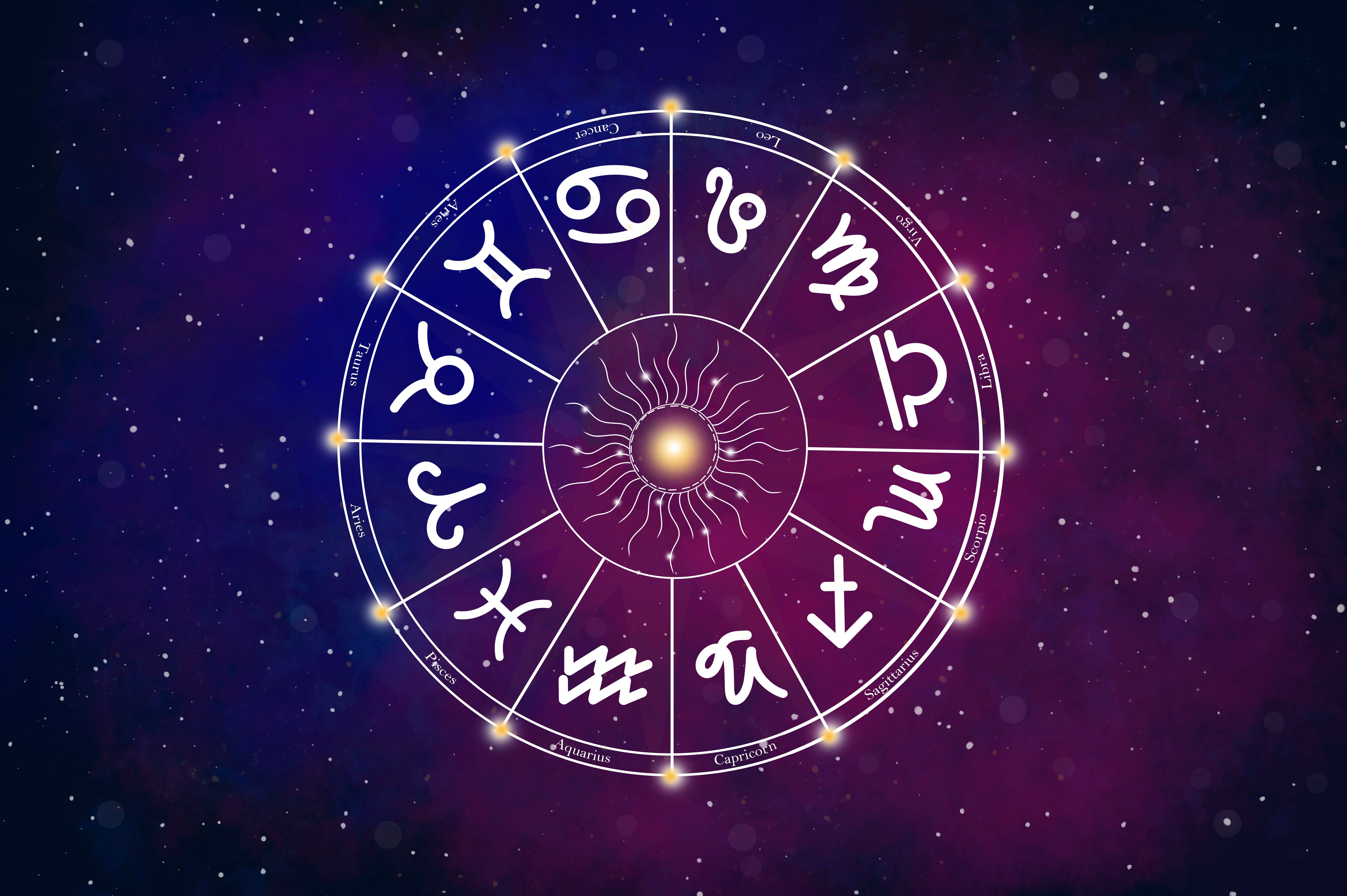 Astrologiekreis mit 12 Tierkreiszeichen auf farbigem, sternenreichem Weltraumhintergrund.