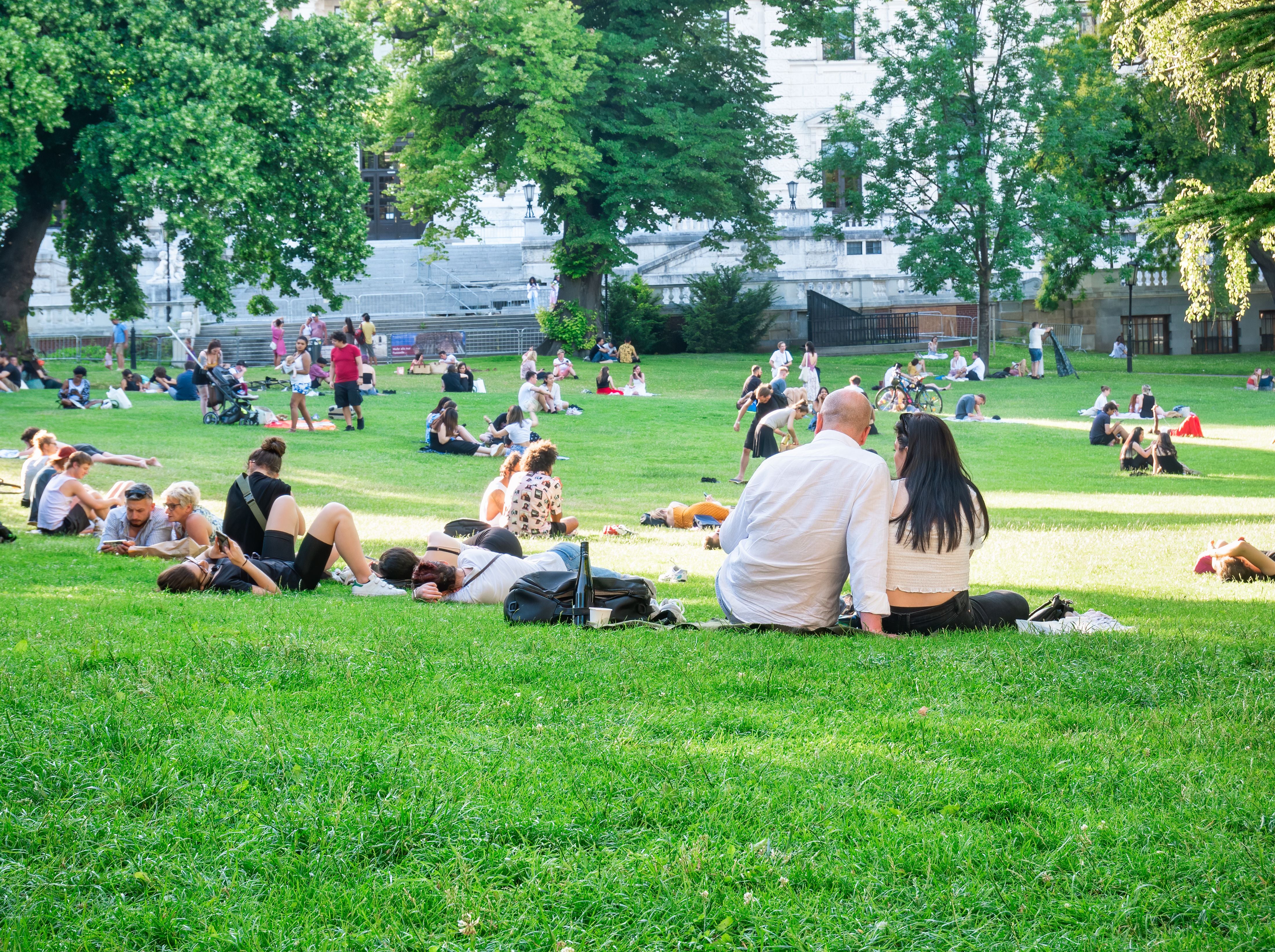 Viele Menschen entspannen und genießen das Wetter im Burggarten in Wien auf einer grünen Wiese.