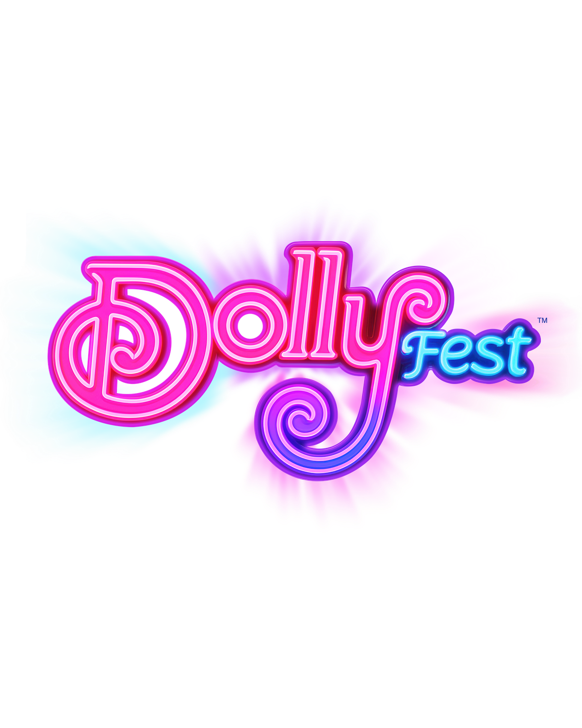 Buntes Logo mit dem Schriftzug „Dolly Fest“ auf pink-blauem Hintergrund.