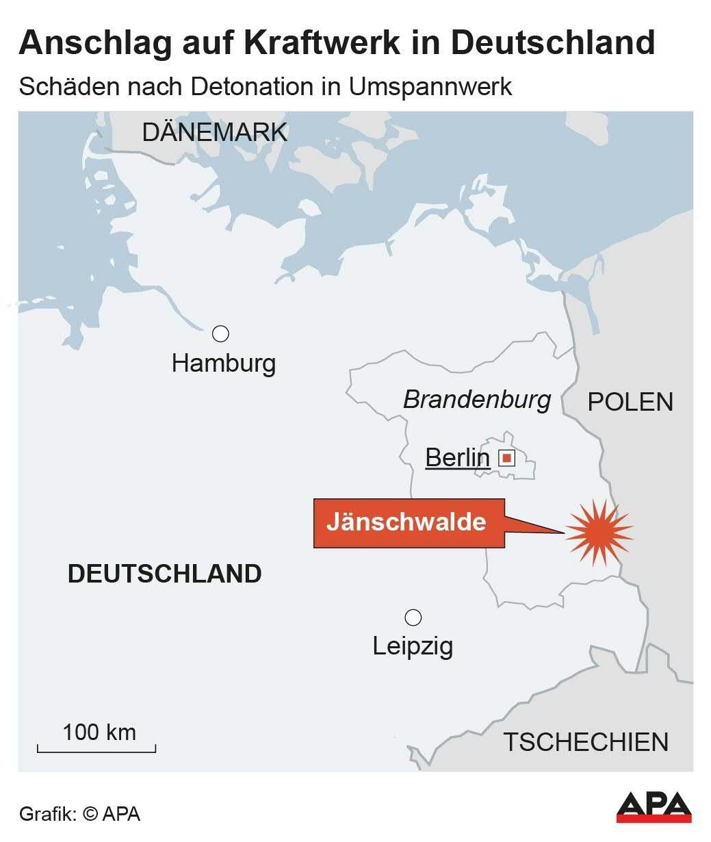 Karte von Deutschland mit Markierung eines Anschlags auf ein Kraftwerk in Jänschwalde, Brandenburg.