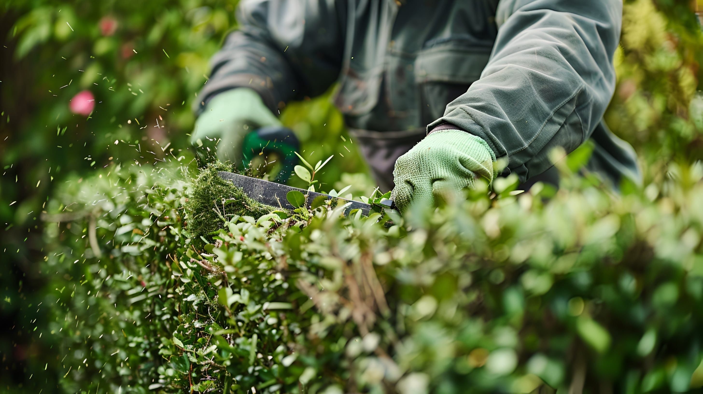 Gärtner schneidet mit einer Heckenschere eine grüne Hecke zurück.
